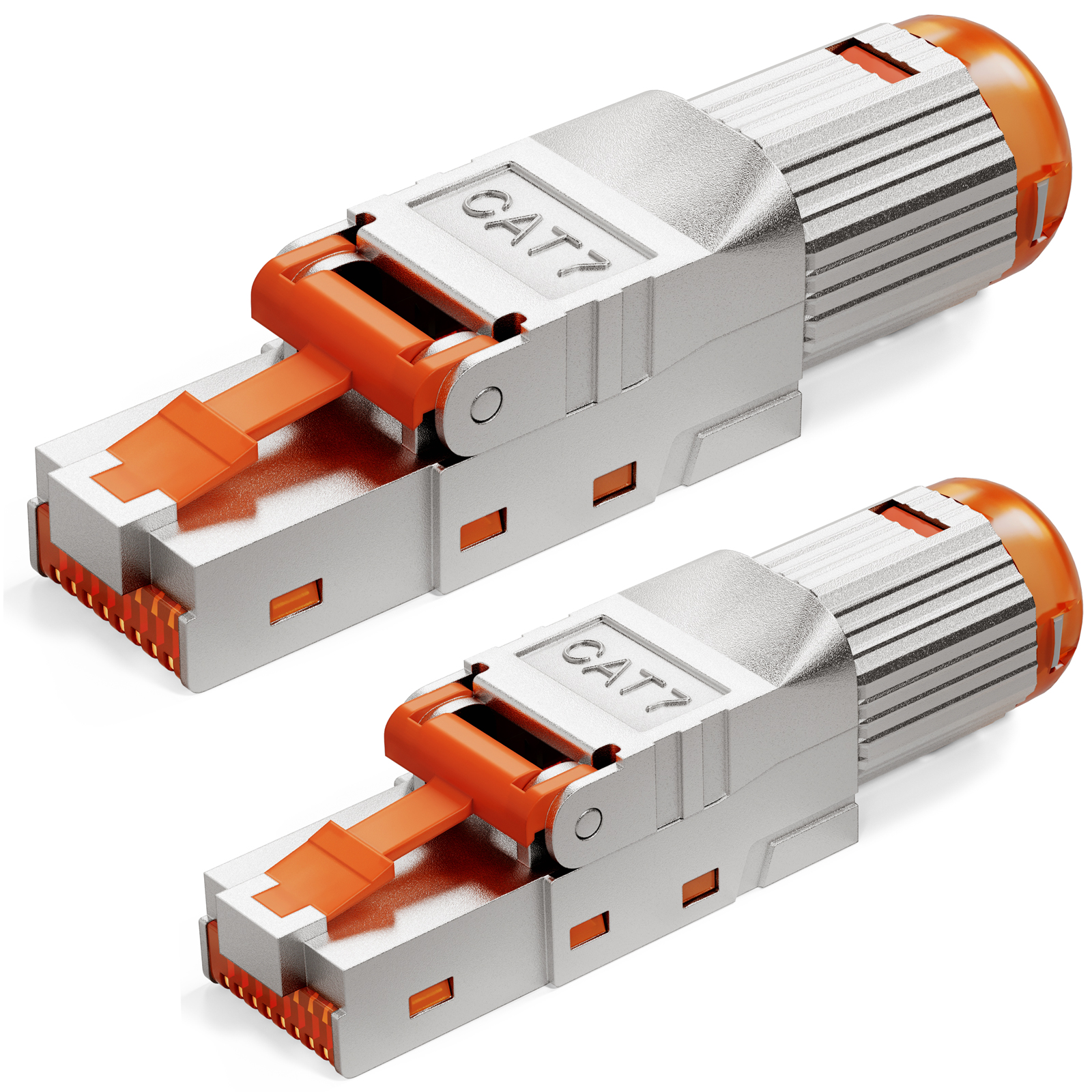 Zwei silberne CAT7-Netzwerkkabelsteckverbinder mit orangefarbenen Sicherungslaschen und Spitzen.