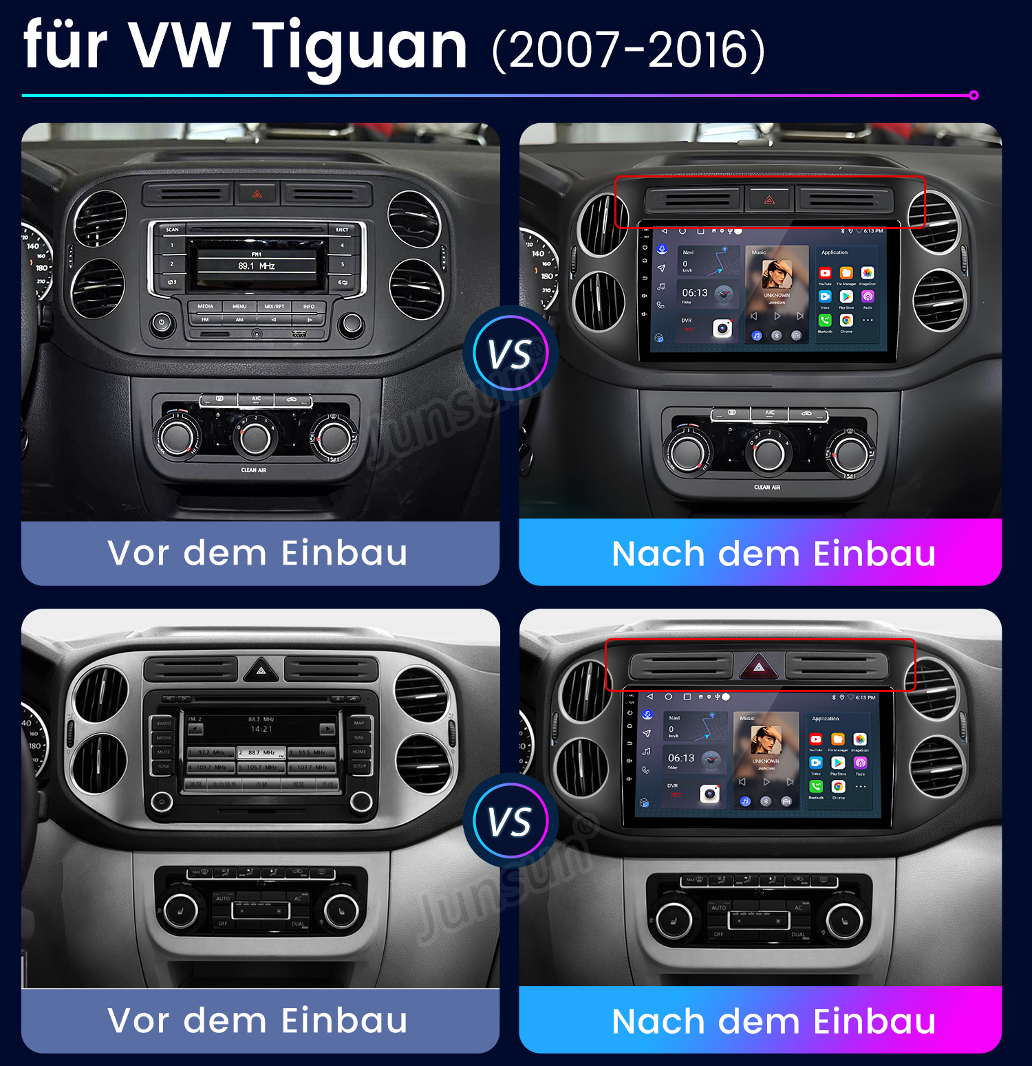 VW Tiguan Armaturenbrett: Vorher/Nachher-Vergleich des Radiosystems.