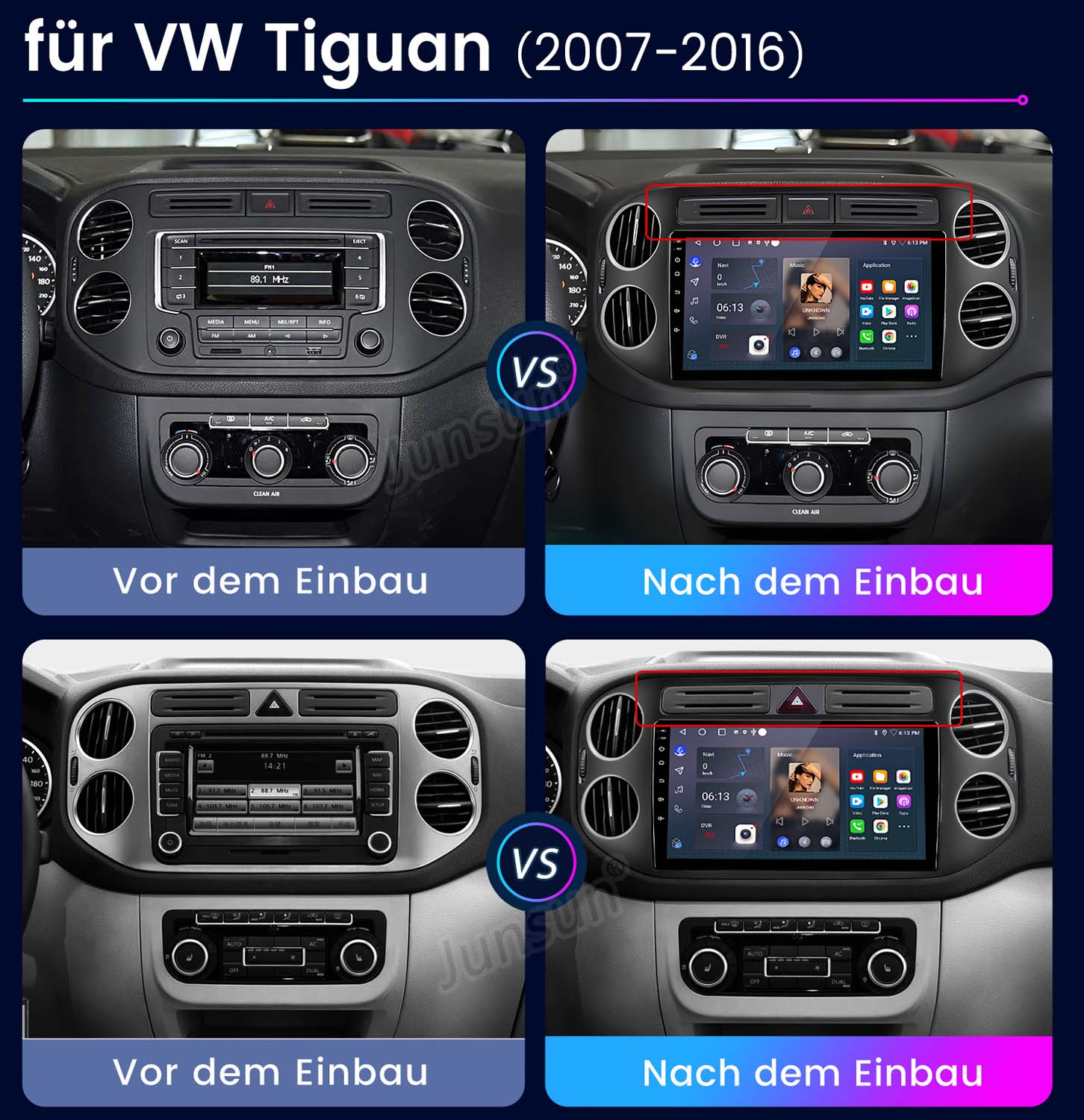 Vorher/Nachher-Vergleich eines VW Tiguan Radios mit Touchscreen-Upgrade.