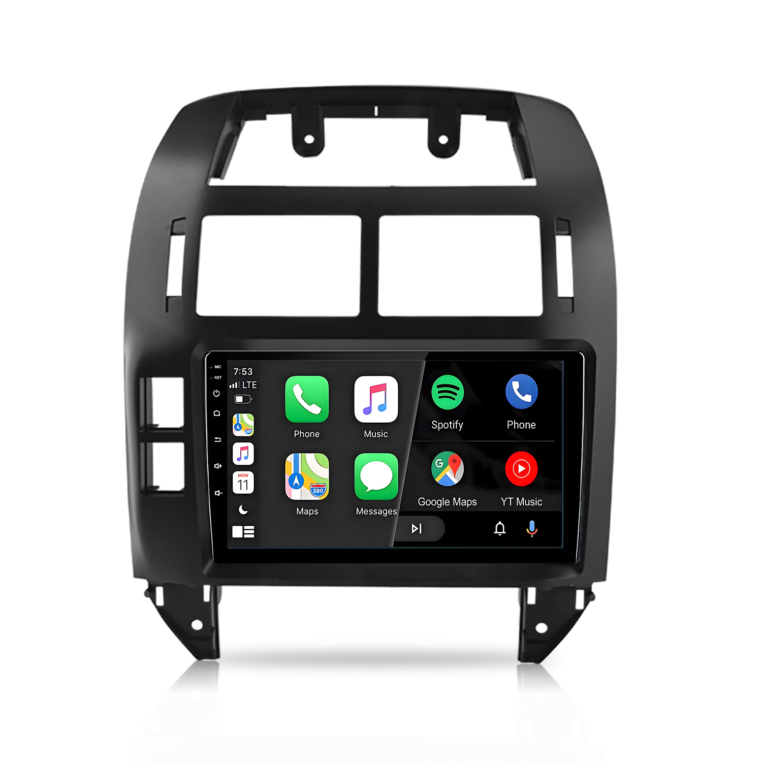 Ein schwarzes Armaturenbrett-Radio mit einem Touchscreen, das Apple CarPlay anzeigt.