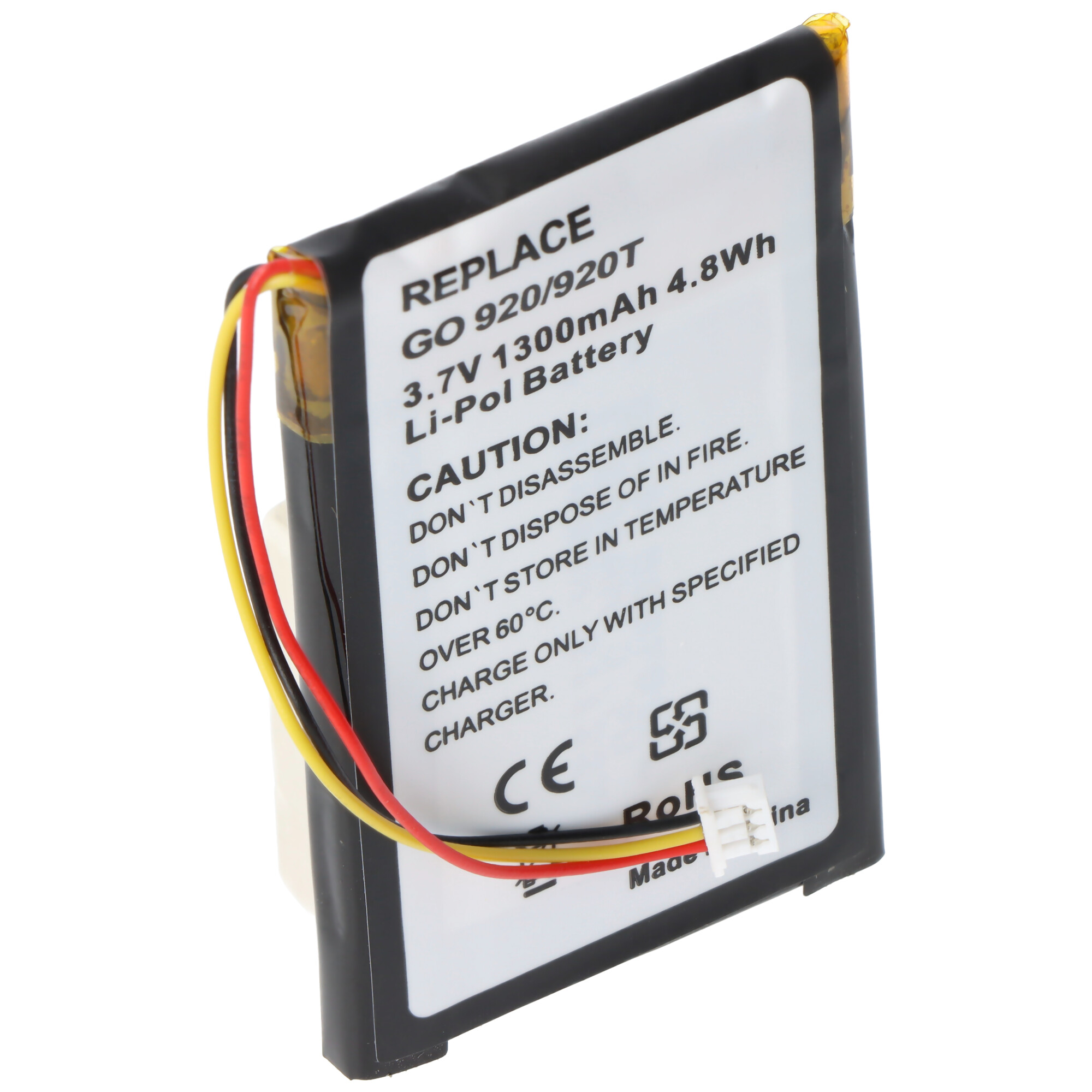 Ein schwarzer Li-Pol-Akku mit 3,7V 1300mAh und drei Kabeln.