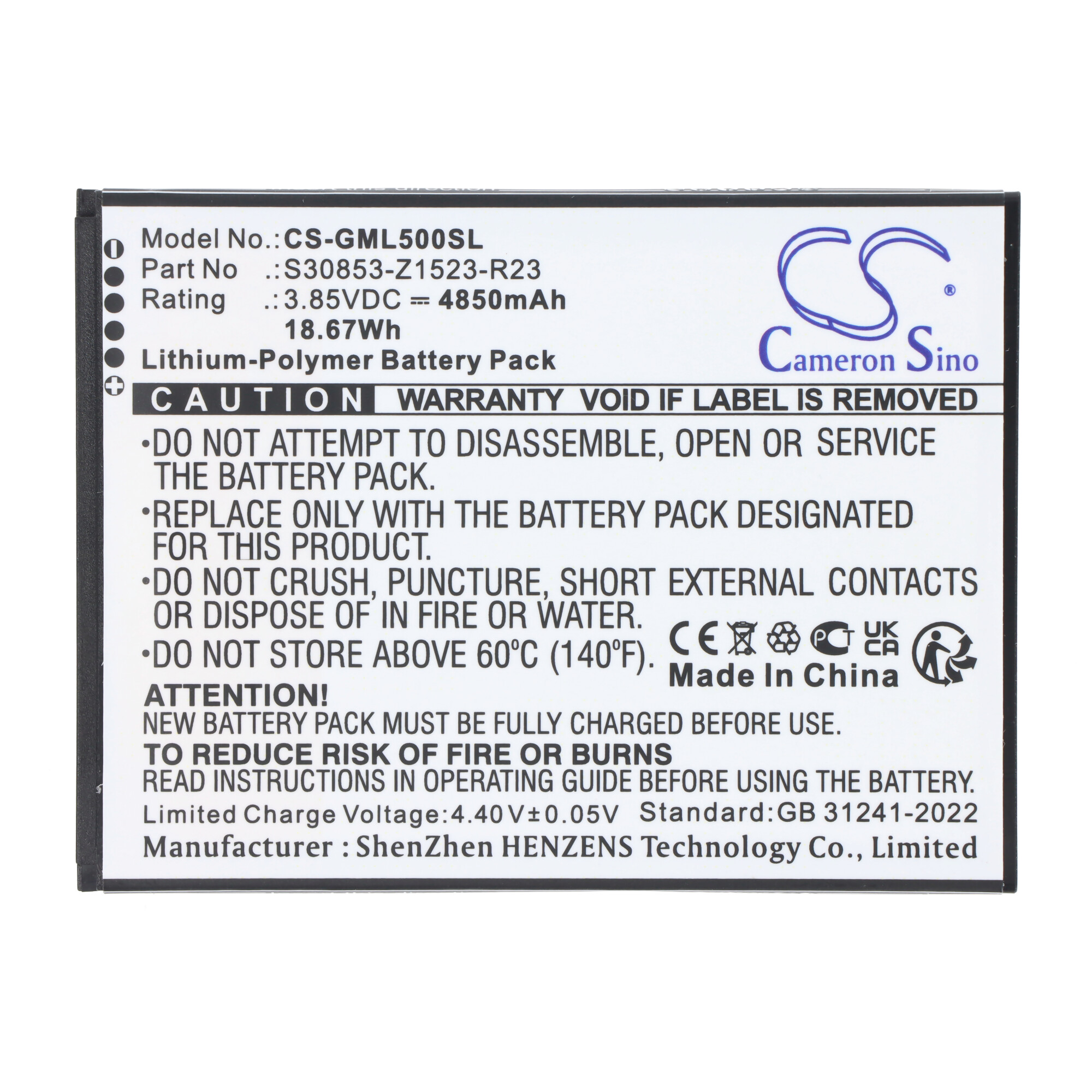 Etikett eines Lithium-Polymer-Akkus mit Modell-, Teile-Nr. und Warnhinweisen.