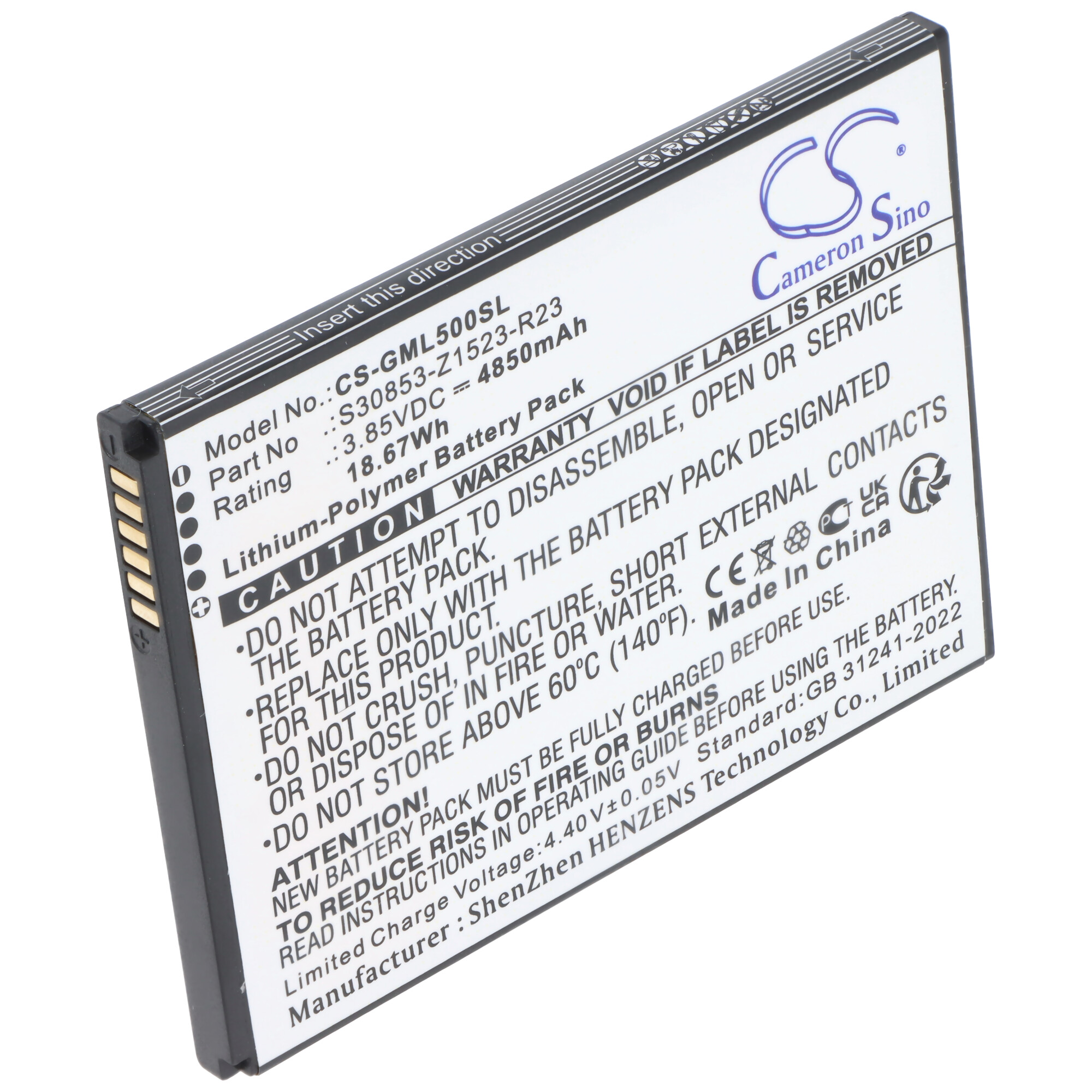 Cameron Sino Akku, Modell CS-GML500SL, 3,85V, 4850mAh. Warnhinweise aufgedruckt.