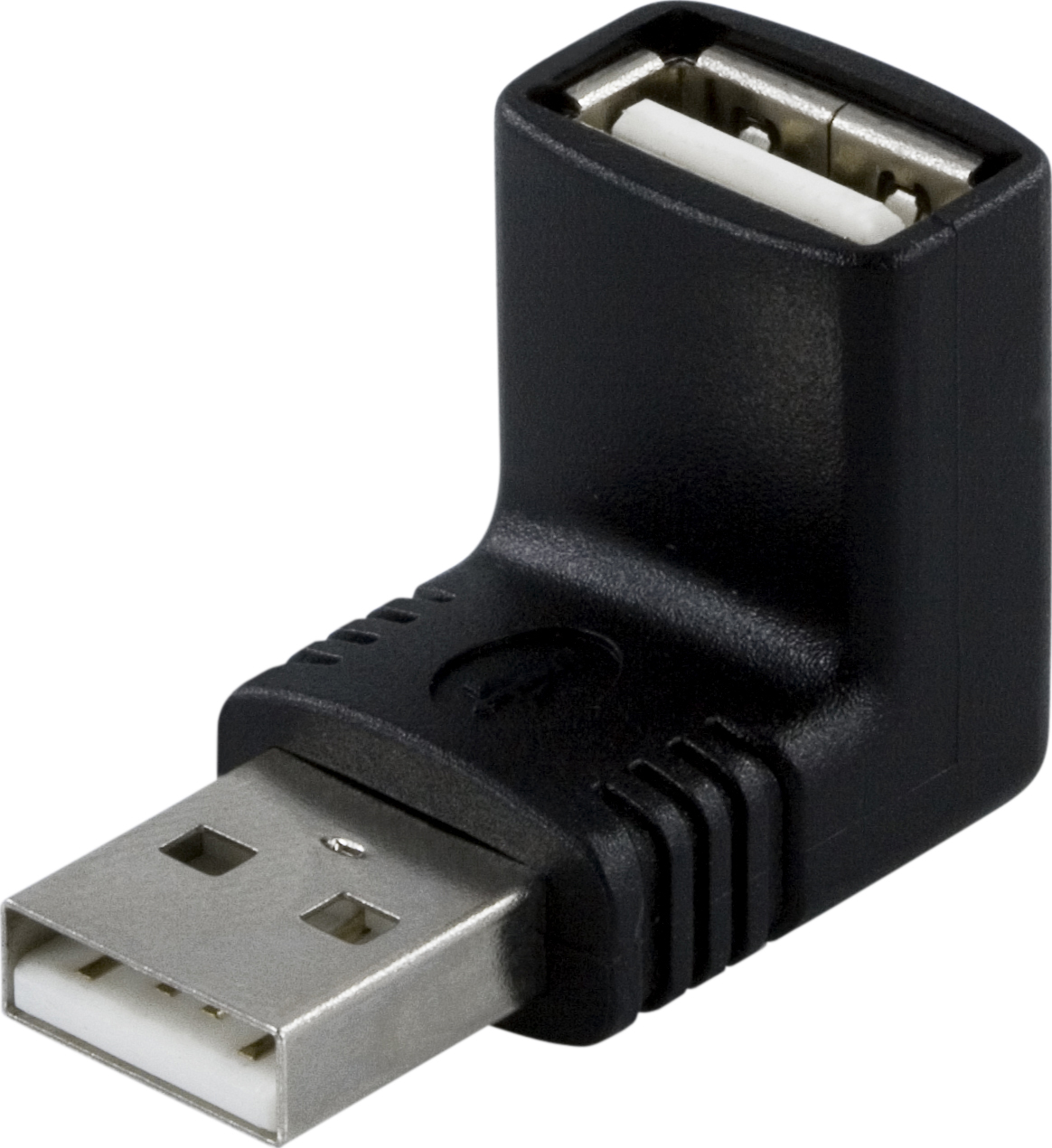 Ein schwarzer 90-Grad-USB-Adapter mit einem Stecker und einer Buchse.