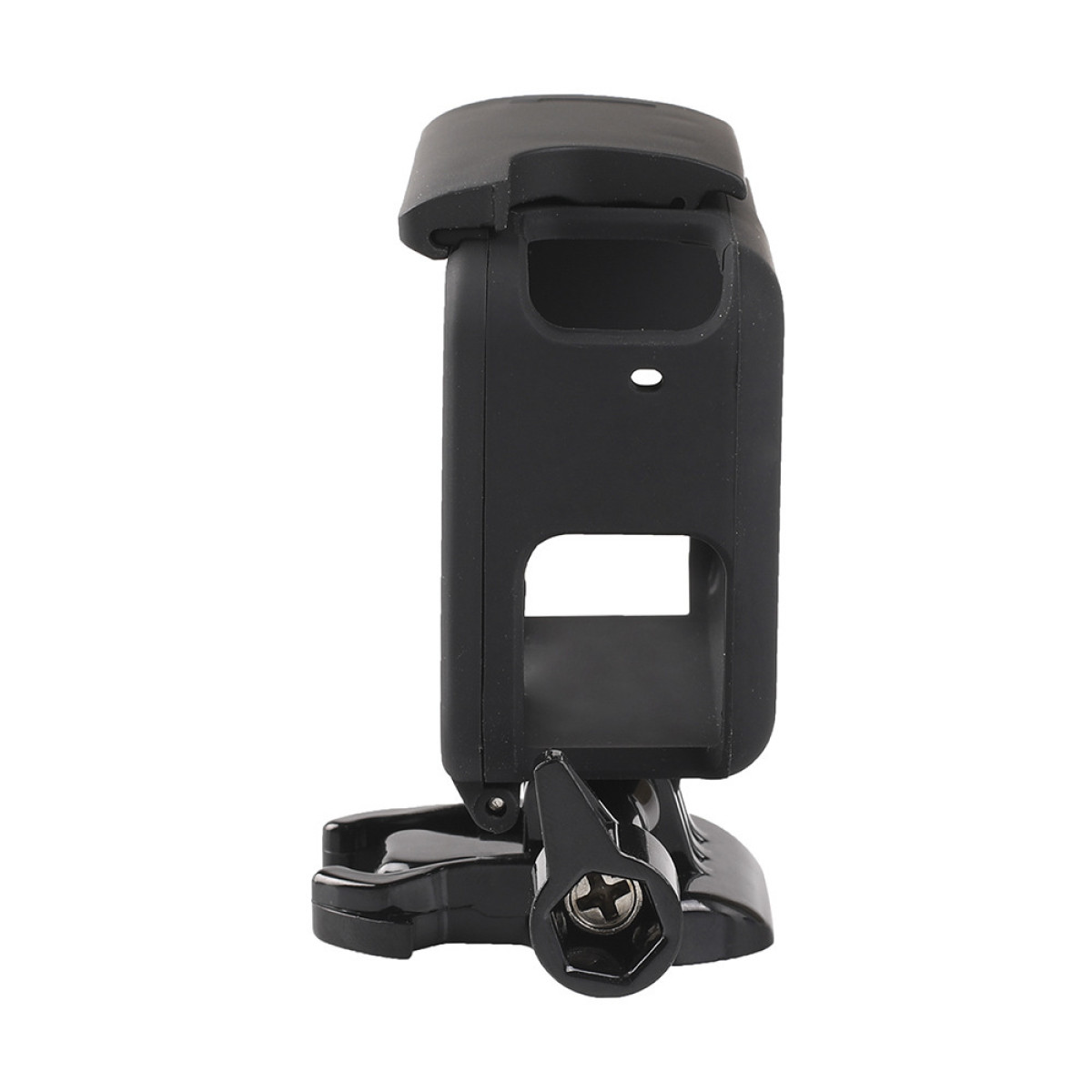 Boîtier de protection noir pour appareil photo avec support et vis sur fond blanc.
