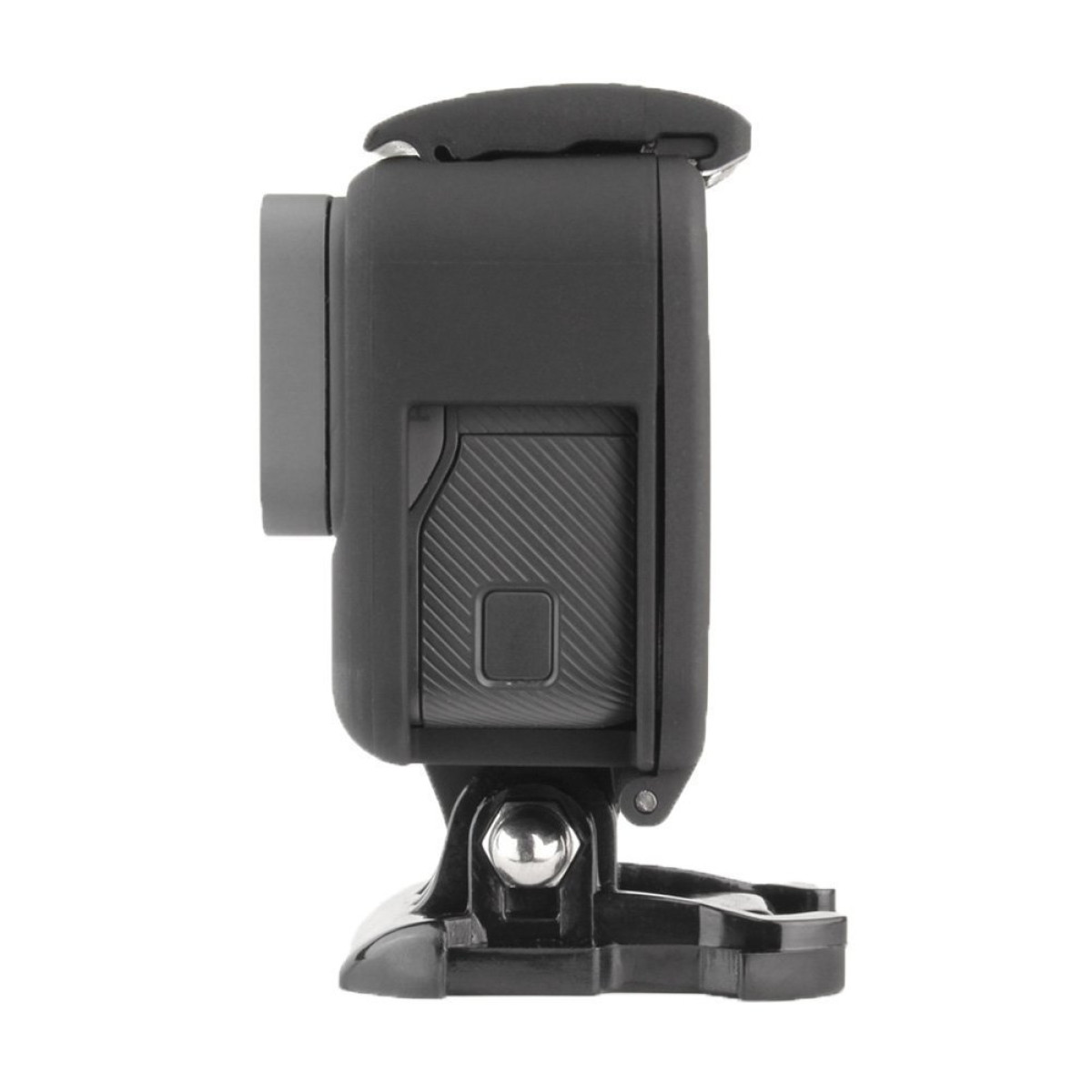 Caméra GoPro noire avec articulation et support argentés sur fond blanc.