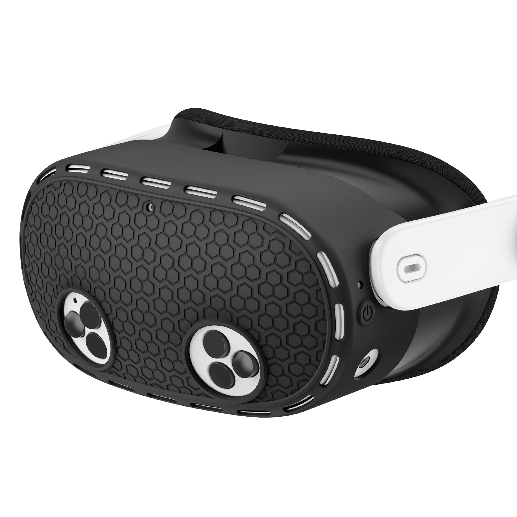 Czarny gogle VR z białym paskiem i wzorem sześciokątnym.