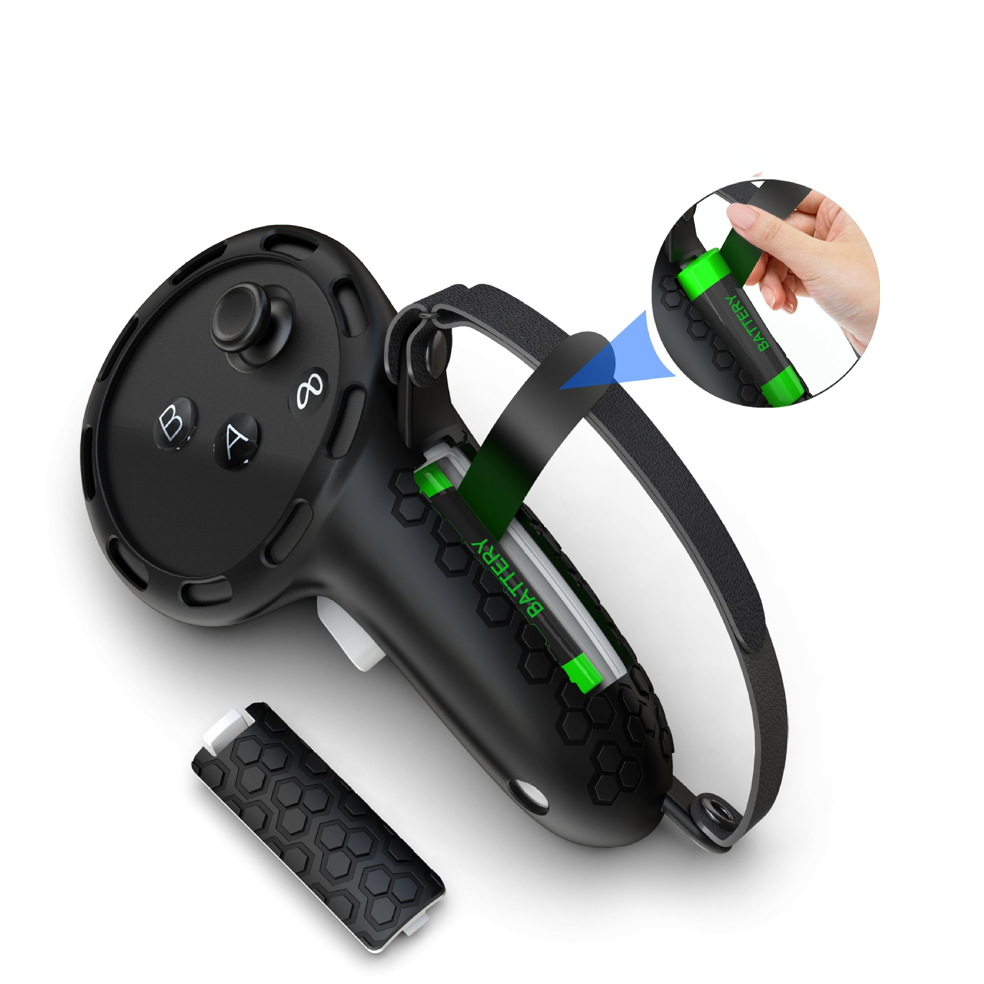 Czarny kontroler VR z otwartą komorą baterii i zieloną baterią.