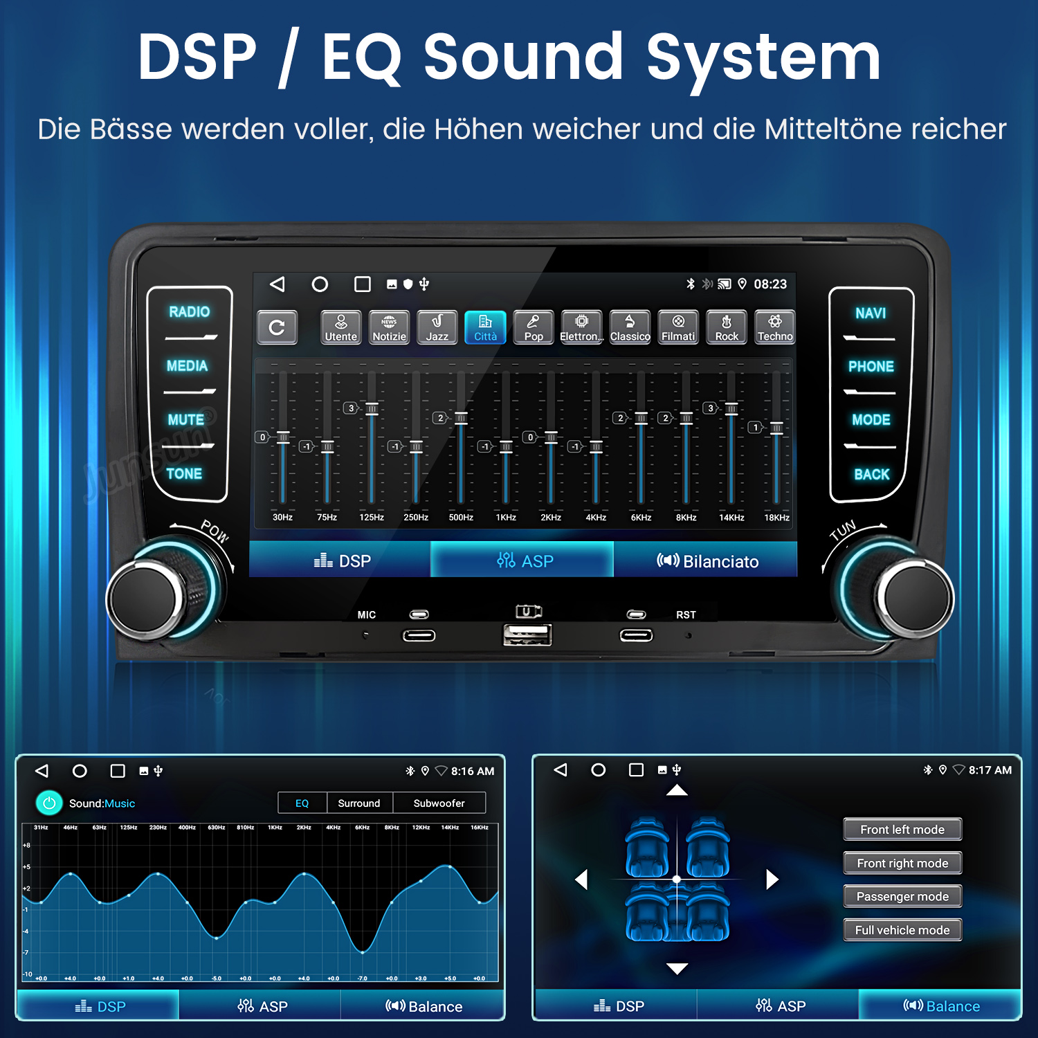 DSP/EQ-Soundsystem mit Equalizer-Balken, Frequenzanzeige und Lautsprecher-Modi.