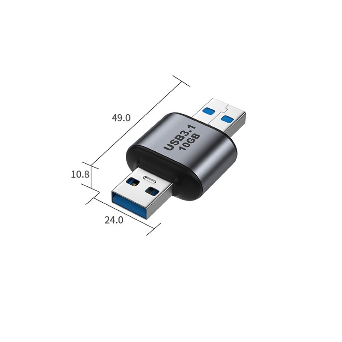 Ein grauer USB 3.1 10GB Stick mit zwei Anschlüssen und Maßangaben.