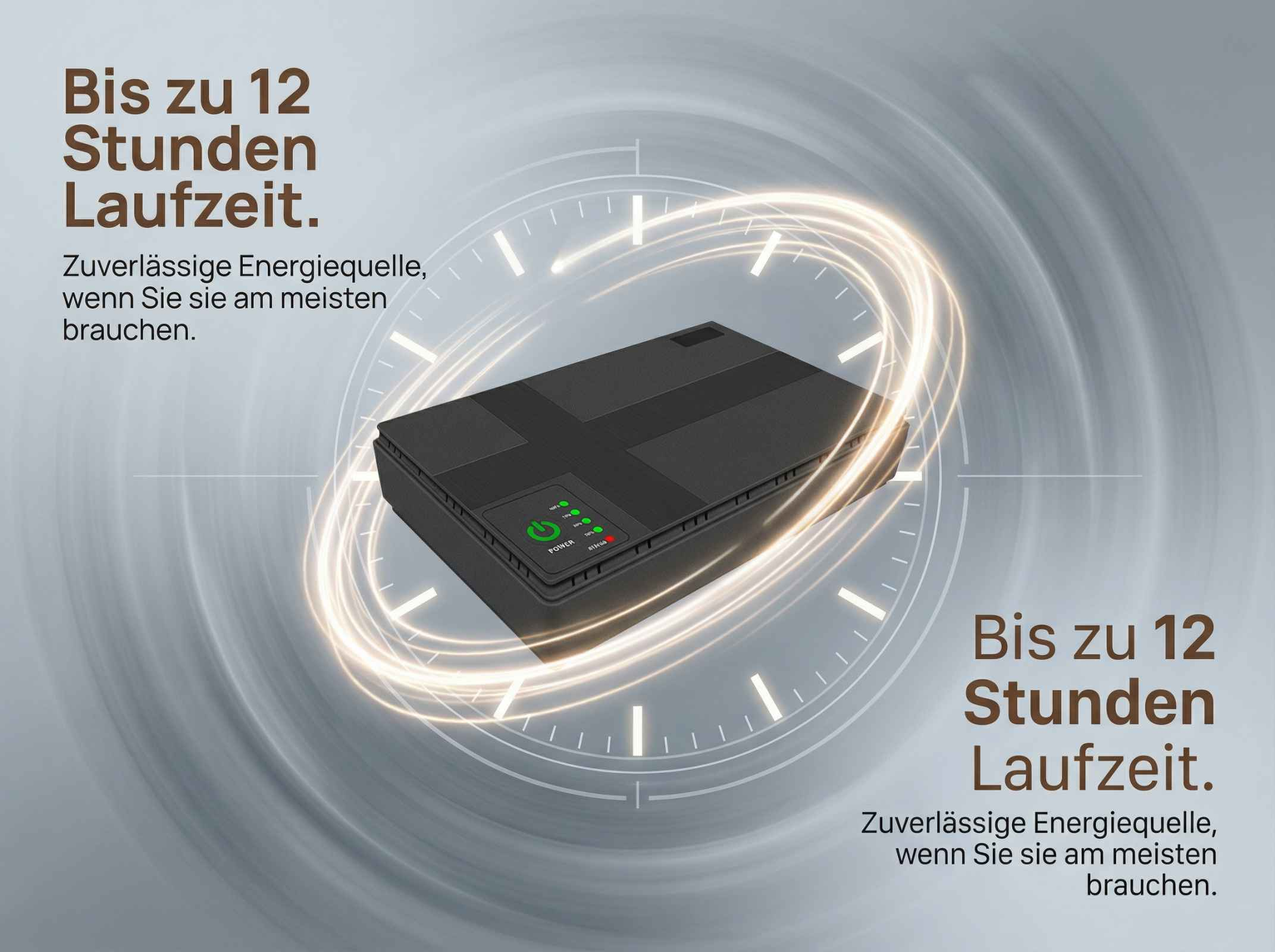 Schwarzes Gerät mit Leuchteffekten und Text 'Bis zu 12 Stunden Laufzeit'.