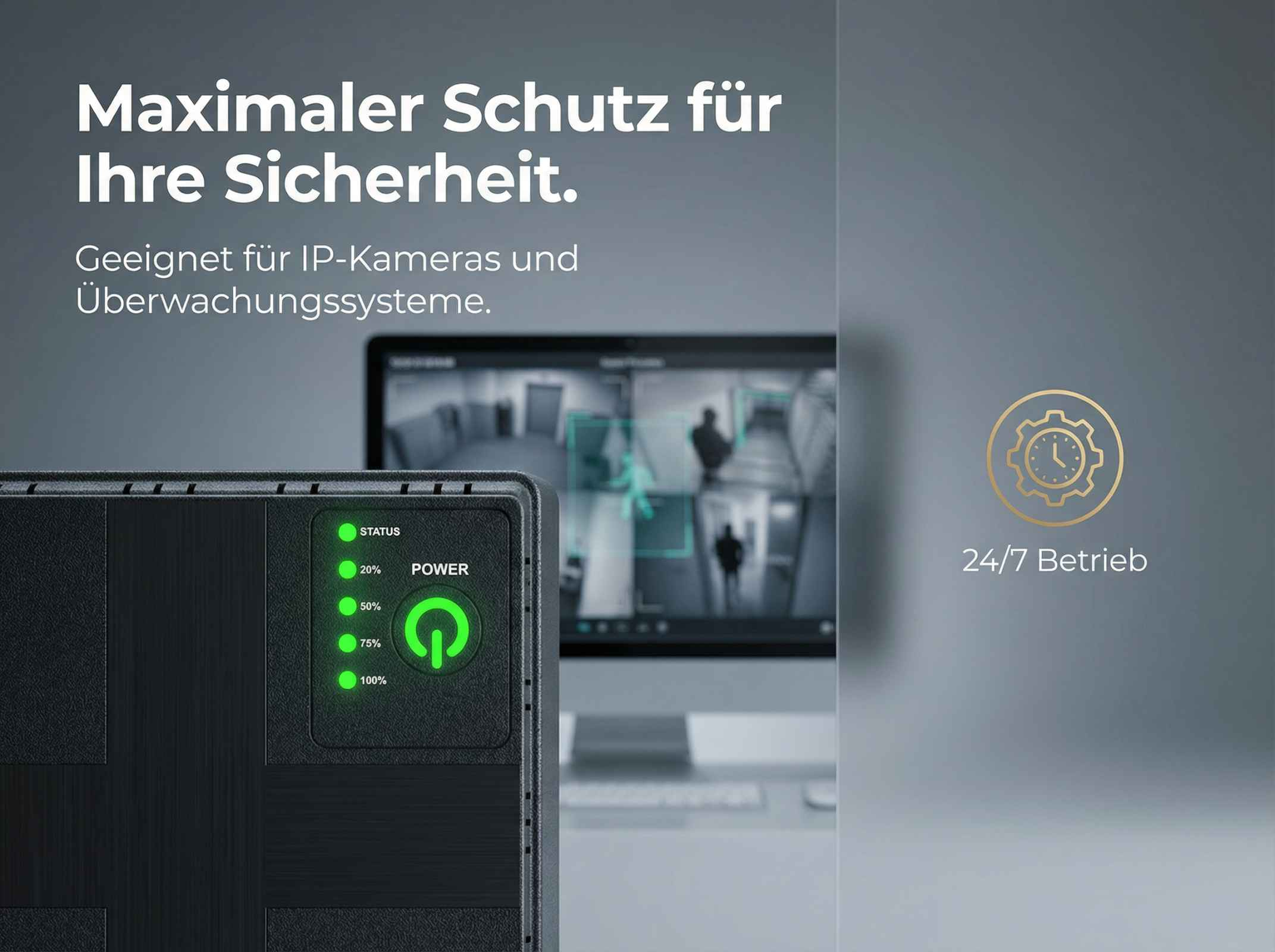 Schwarzes Gerät mit grünen LEDs, Bildschirm zeigt Überwachungskameras, 24/7-Symbol.
