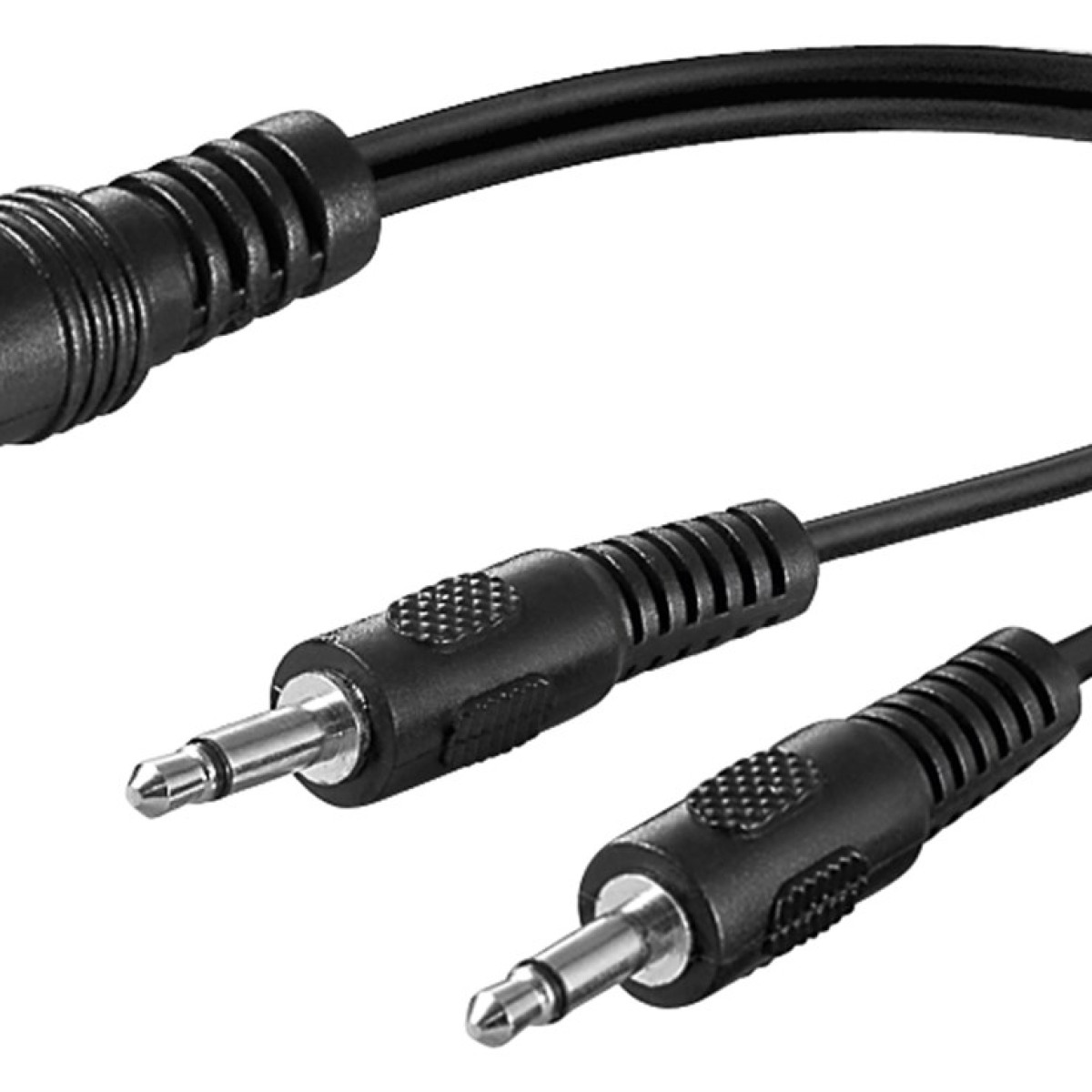 Ein schwarzes Audiokabel mit zwei 3,5-mm-Steckern und einem größeren Stecker.