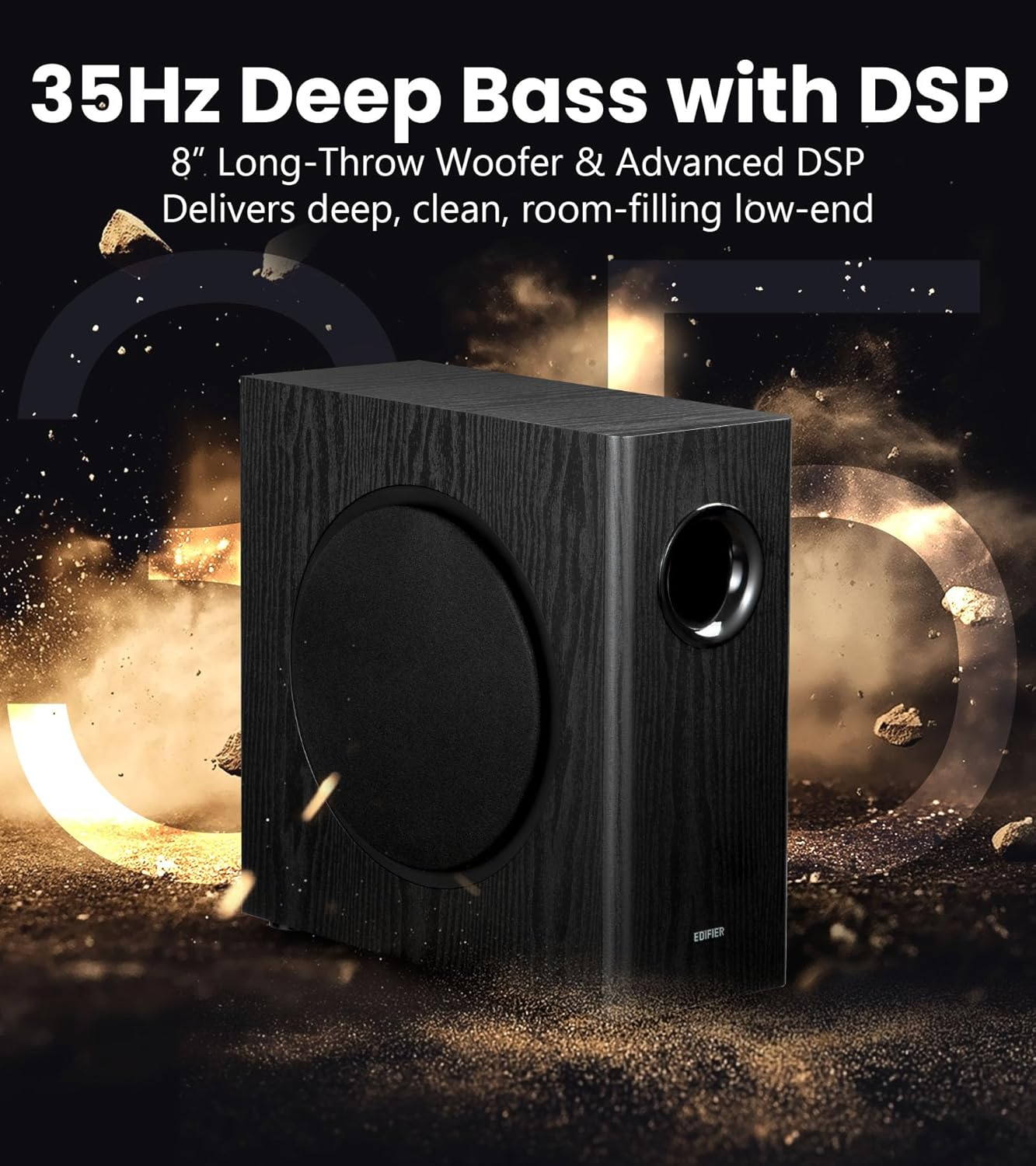 Schwarzer Subwoofer mit 8-Zoll-Tieftöner. Text: 35Hz tiefer Bass mit DSP.