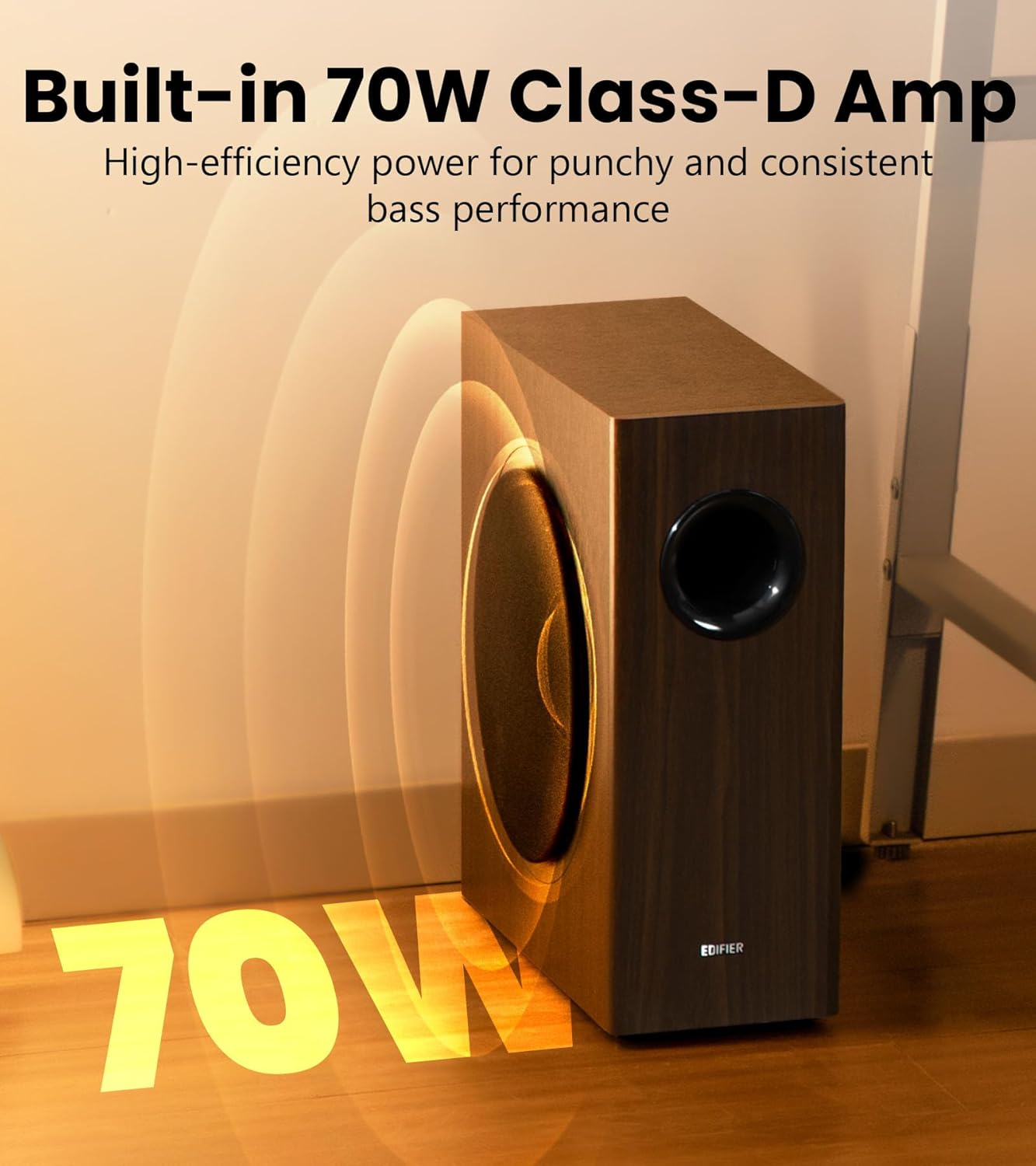 Ein brauner Subwoofer mit dem Text 70W und dem Logo von Edifier.