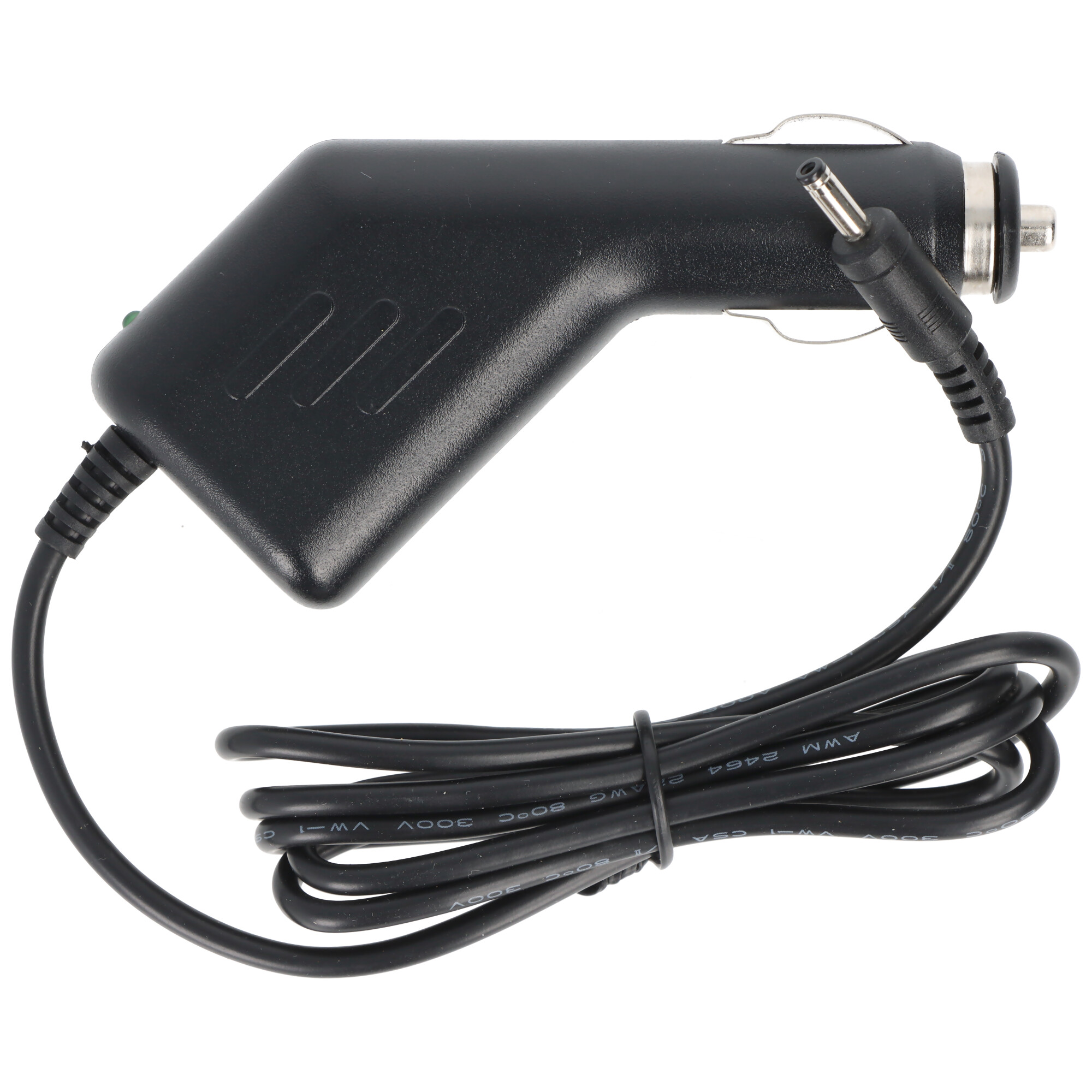 Schwarzer Autoladegerät-Adapter mit Kabel und Stecker.