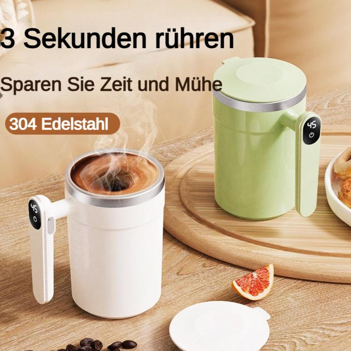 Zwei dampfende Tassen, eine weiße mit Kaffee, eine grüne. Text: 3 Sekunden rühren.
