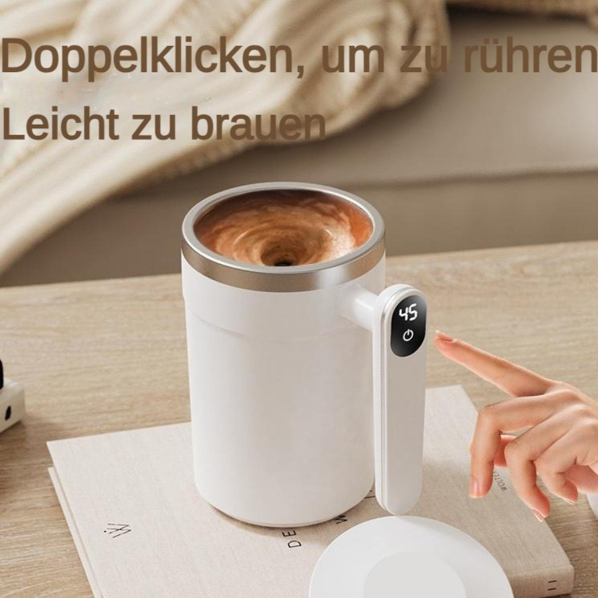 Weiße Thermotasse mit Digitalanzeige 45 Grad, die von einer Hand bedient wird.