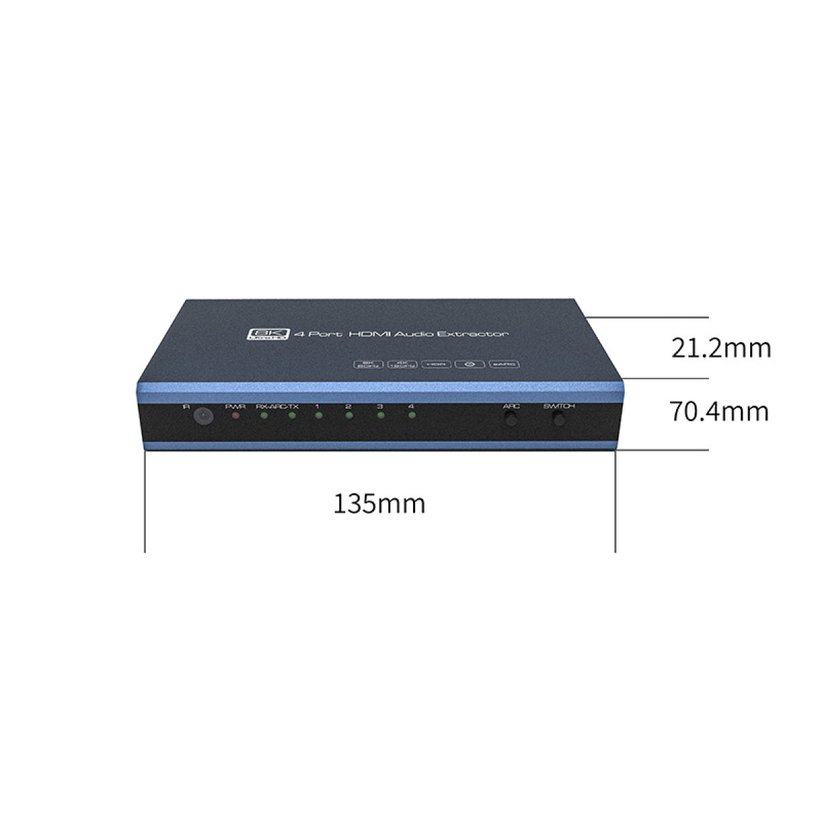 Ein dunkler 4-Port HDMI Audio Extractor mit Beschriftungen und LEDs.