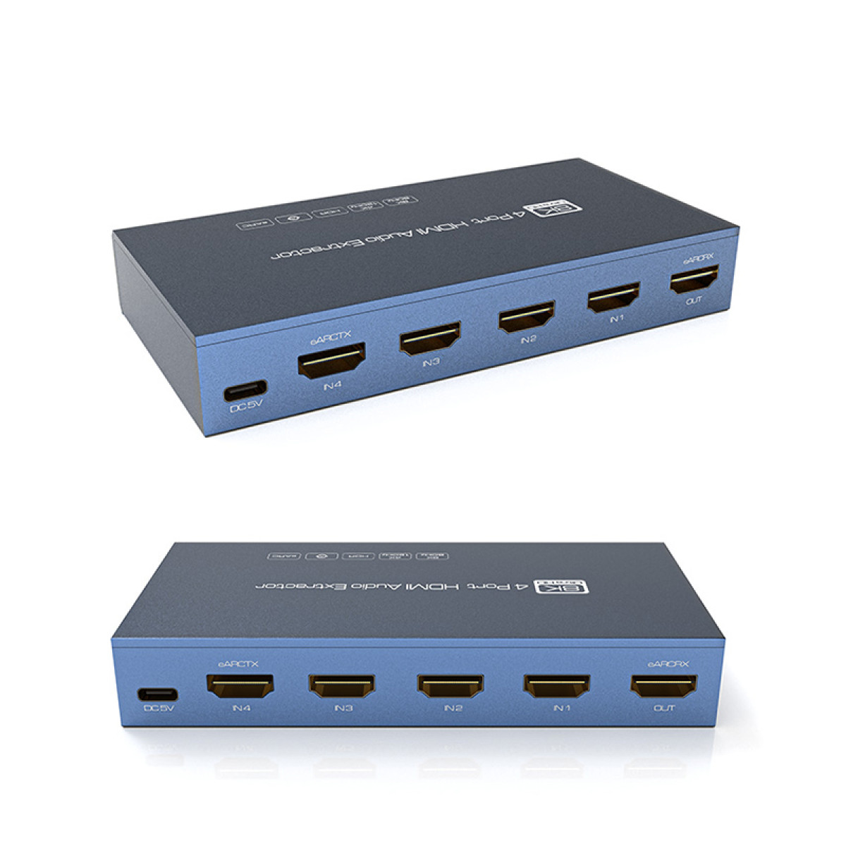Ein blauer 4-Port HDMI Audio Extractor mit Anschlüssen für Strom und HDMI-Ein-/Ausgänge.