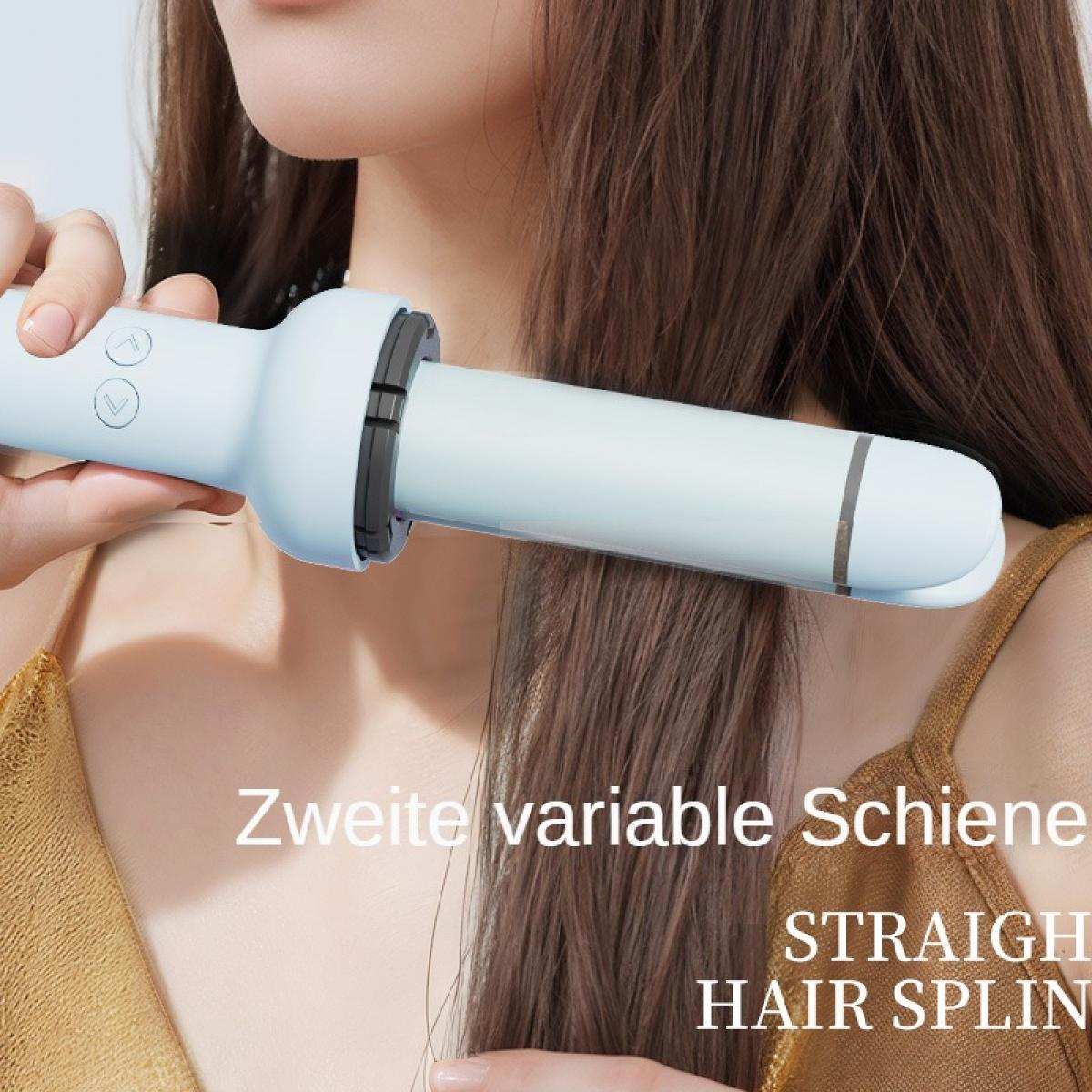 Eine Person benutzt einen hellblauen Haarstyler an langen, braunen Haaren.