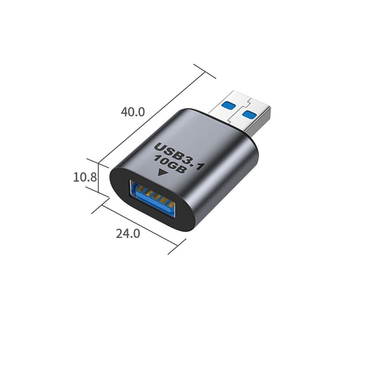 Ein grauer USB 3.1 10GB Adapter mit Maßen wird gezeigt.