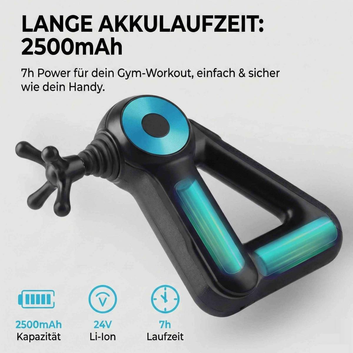 Ein Massagepistole mit 2500mAh Akku, 24V Li-Ion, 7h Laufzeit.