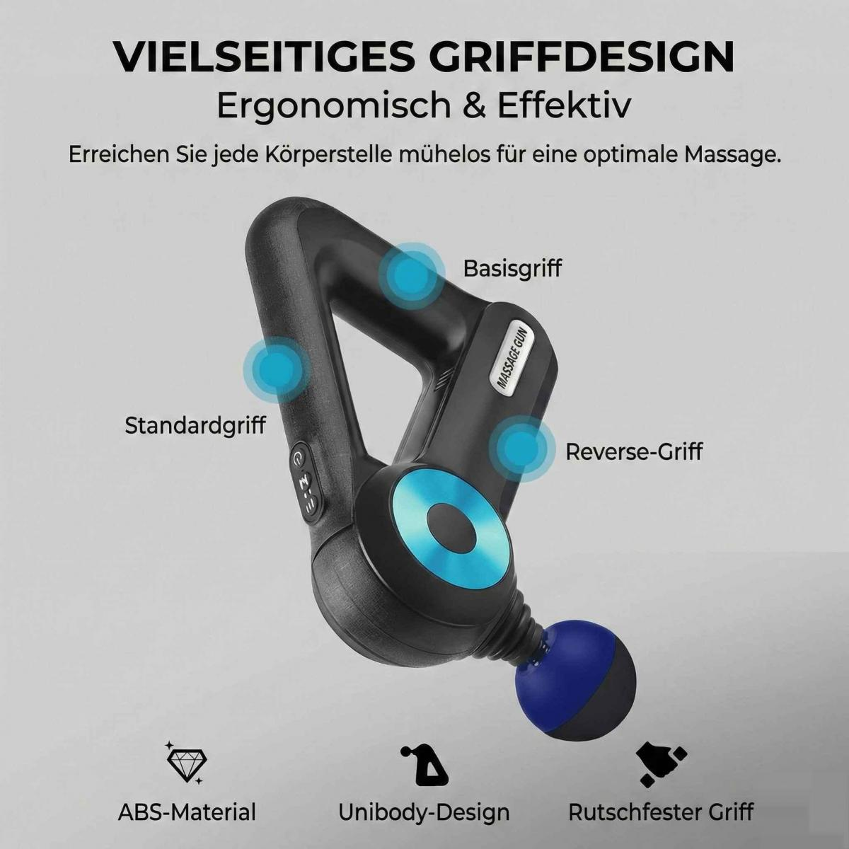 Ein schwarzes Massagegerät mit blauen Akzenten, das verschiedene Griffpositionen zeigt.