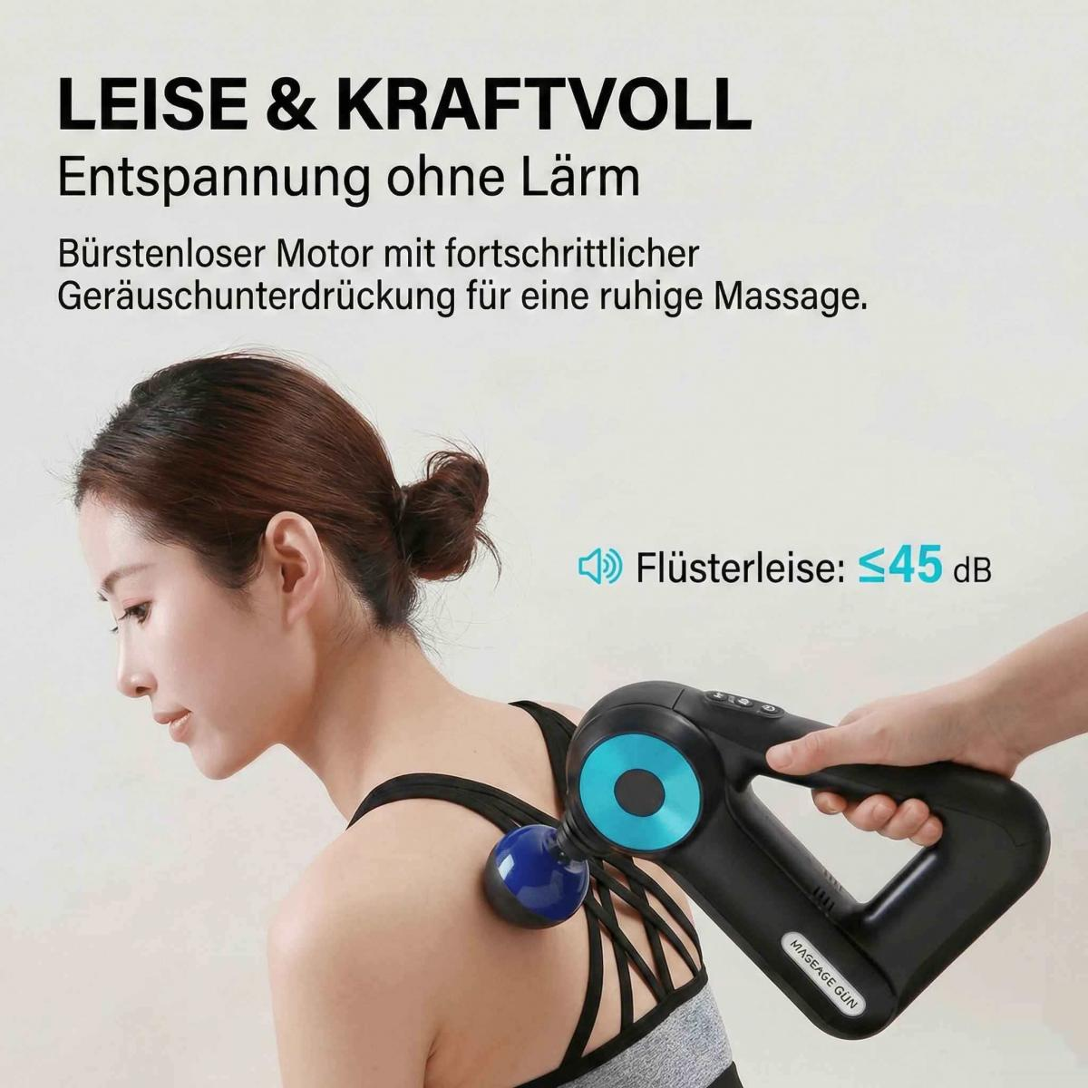 Frau erhält Massage am Rücken mit einem leisen Massagegerät. Unter 45 dB.