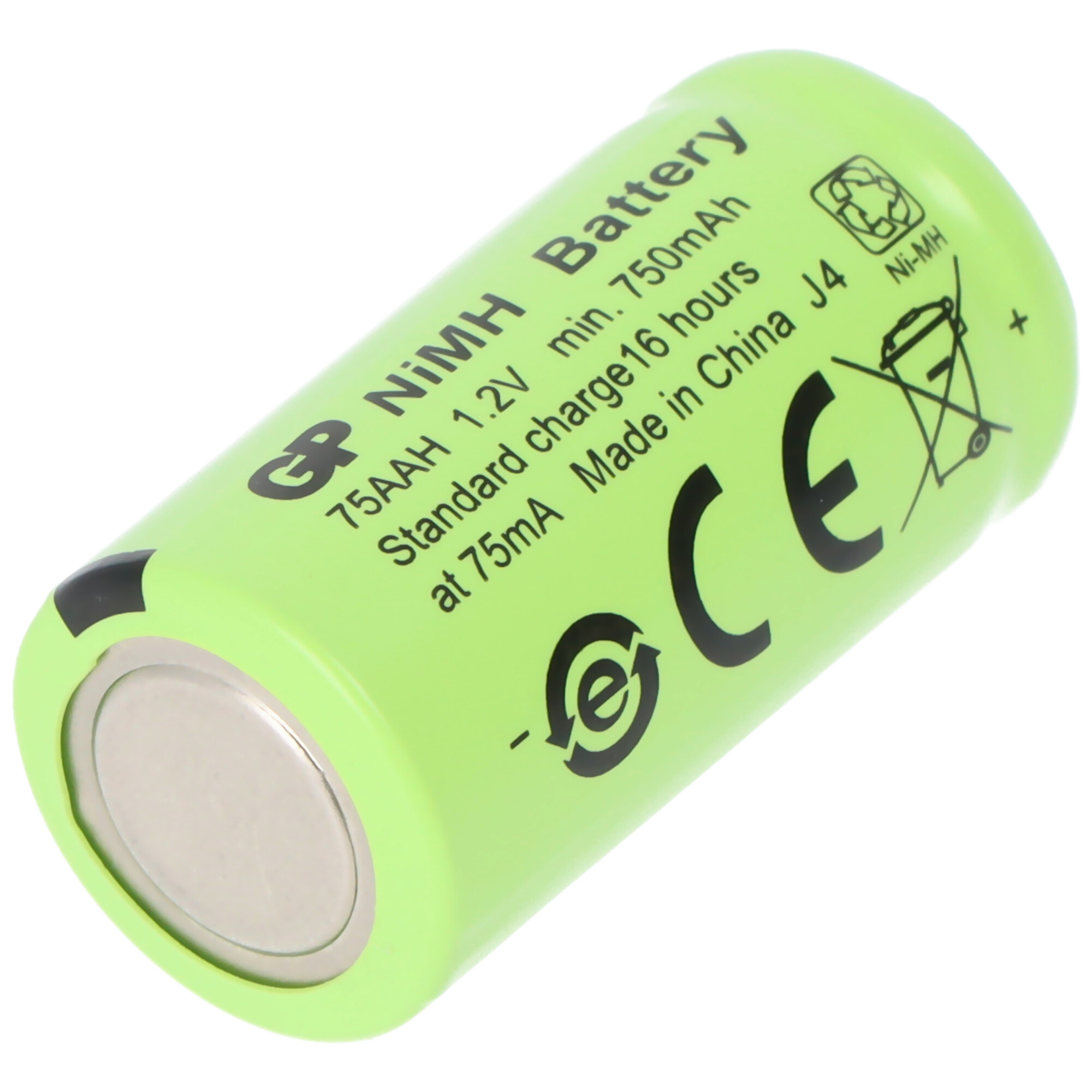 Grüne GP NiMH Batterie, 1.2V, 750mAh, mit CE-Zeichen und Recycling-Symbol.