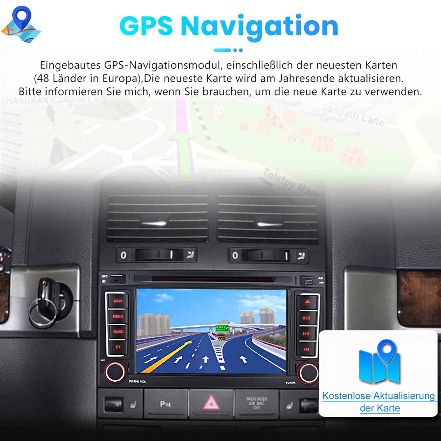 GPS-Navigationsbildschirm im Auto mit Karte und Tasten. Kostenlose Kartenaktualisierung.