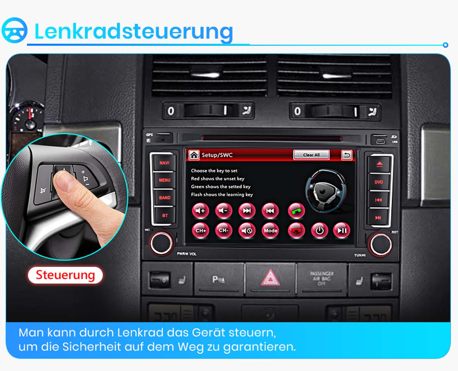 Ein Finger drückt auf eine Taste am Lenkrad, das Autoradio zeigt Menüs an.