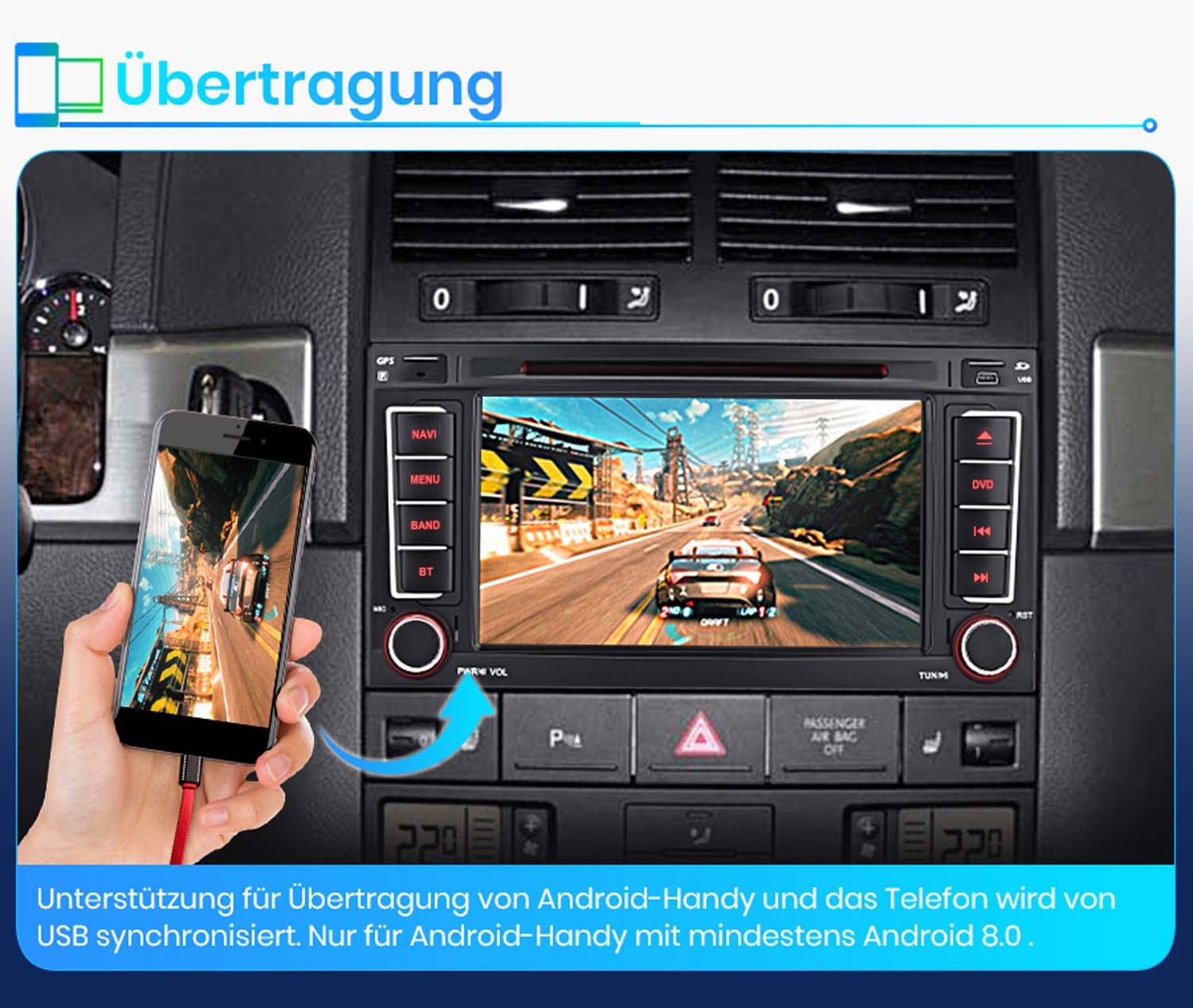 Handy wird per USB mit Auto-Infotainmentsystem verbunden.