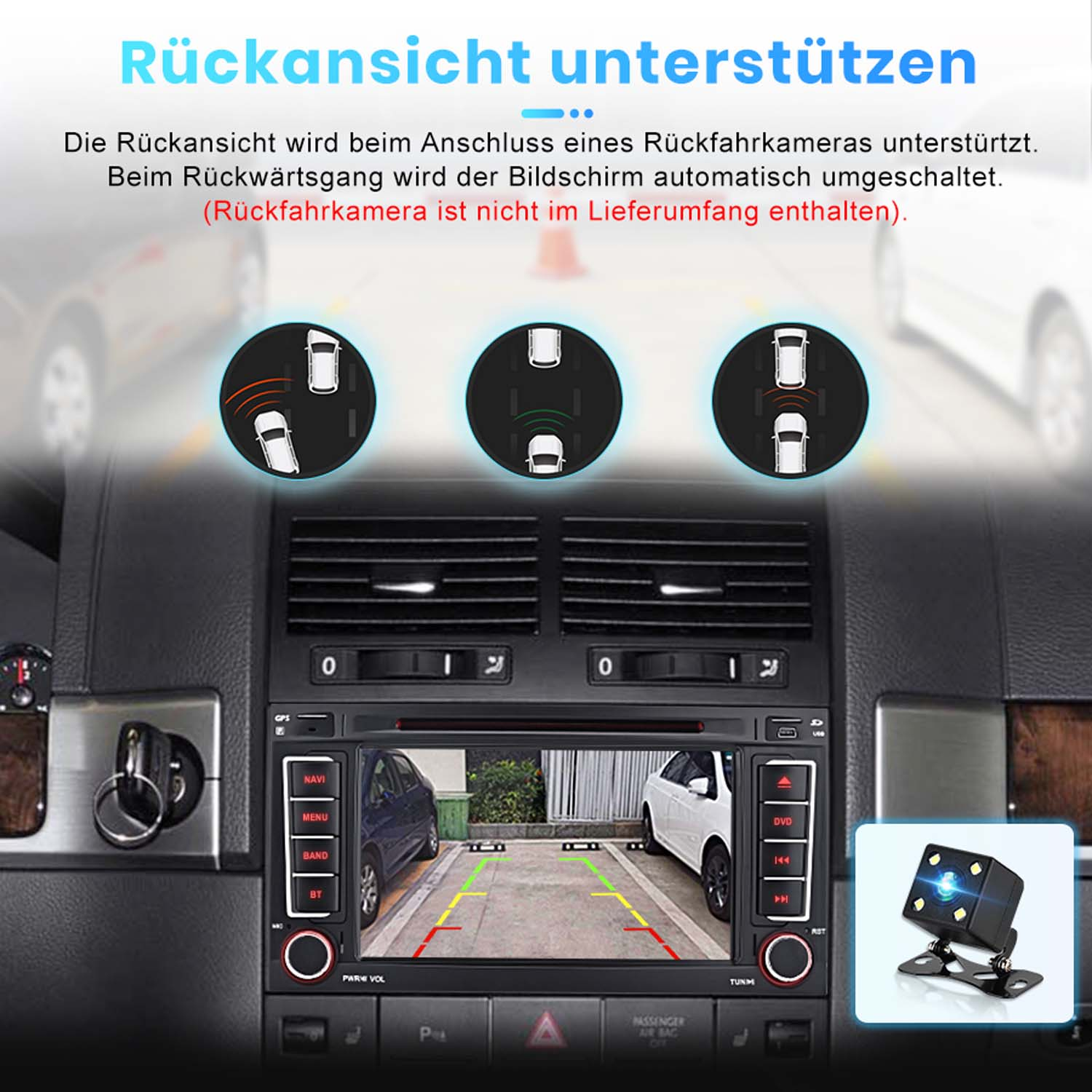 Rückfahrkamera-System mit Bildschirmansicht und Parksensoren.
