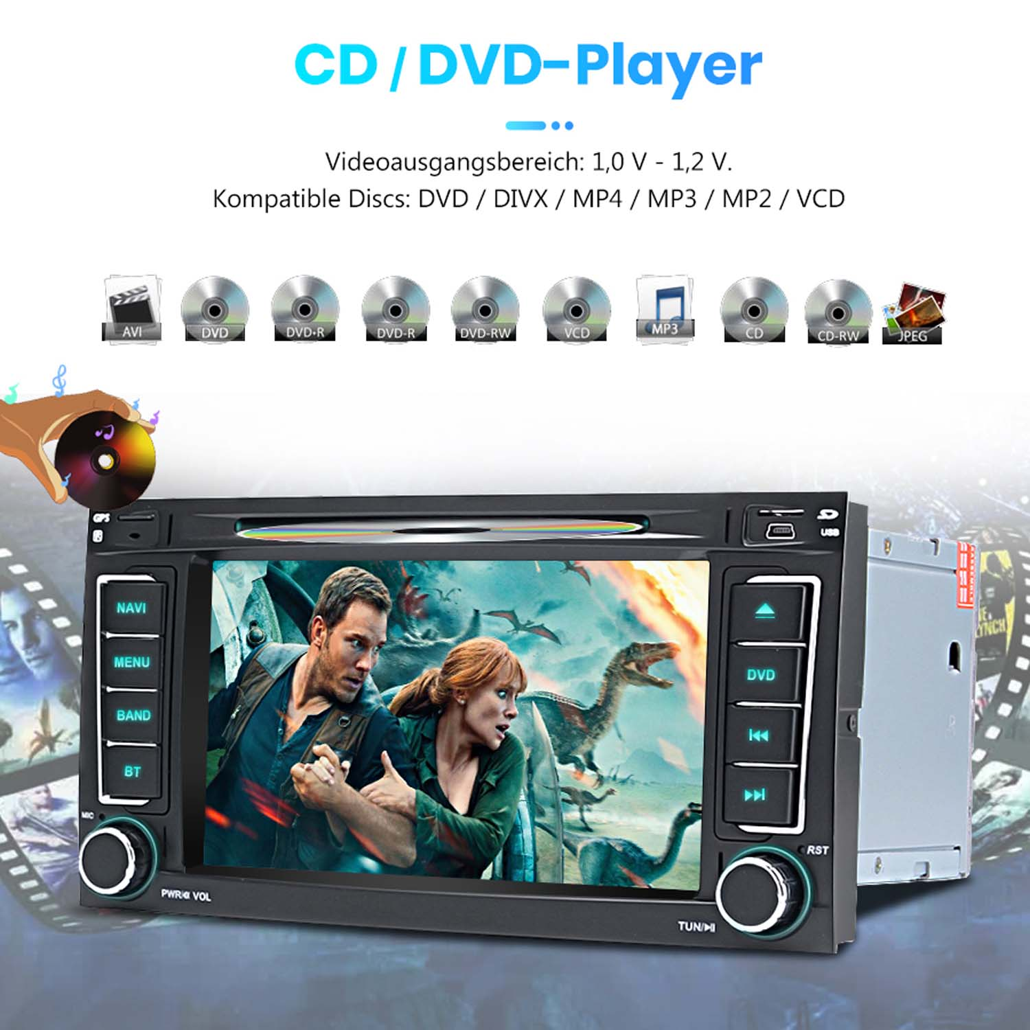 CD/DVD-Player mit Bildschirm zeigt Filmszene und verschiedene Disc-Icons.