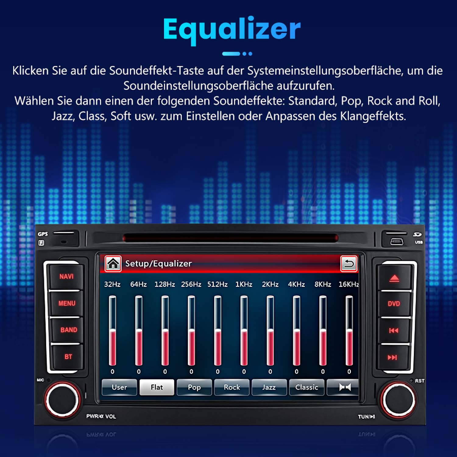 Ein Autoradio-Display zeigt einen Equalizer mit Pegelreglern und voreingestellten Modi.
