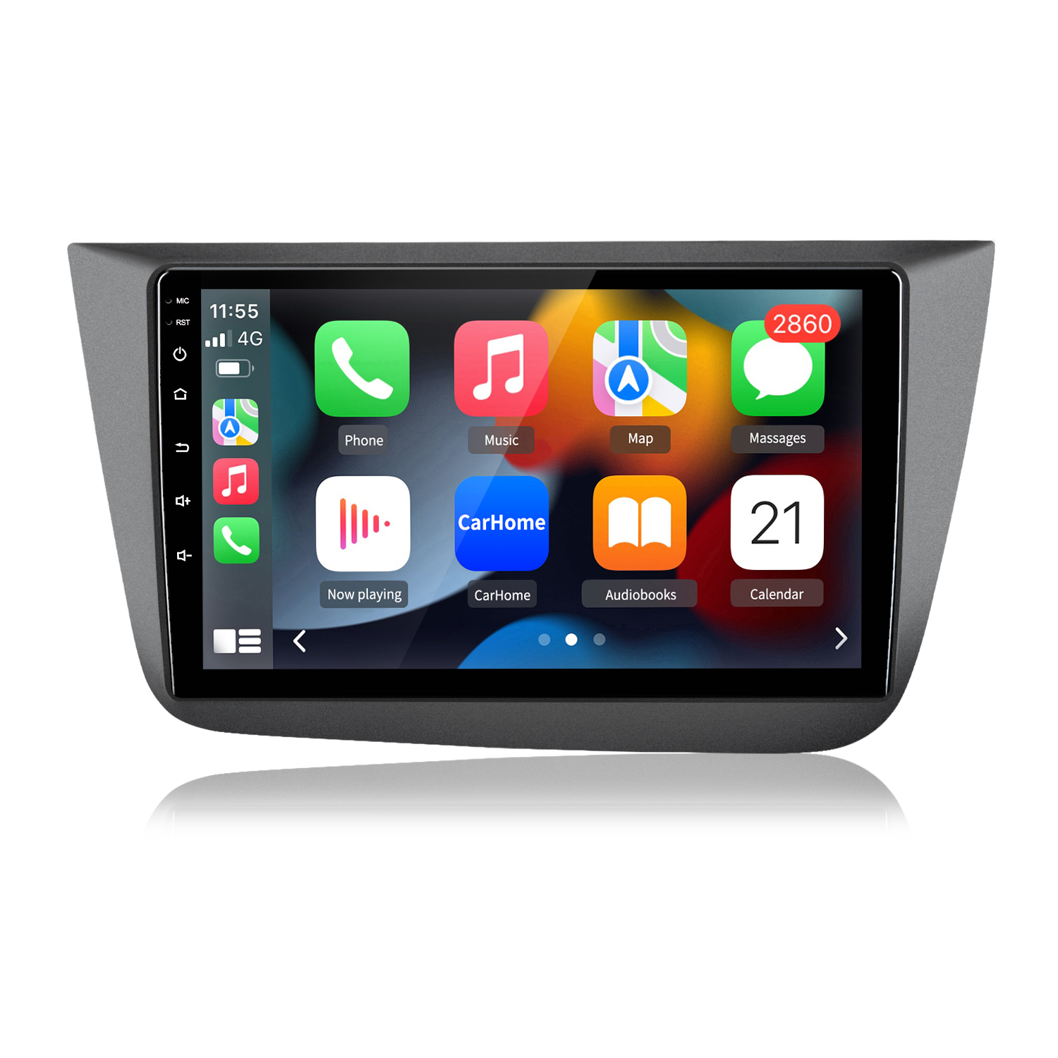 Autodisplay mit App-Symbolen: Telefon, Musik, Karte, Nachrichten, Wiedergabe, CarHome, Hörbücher, Kalender.