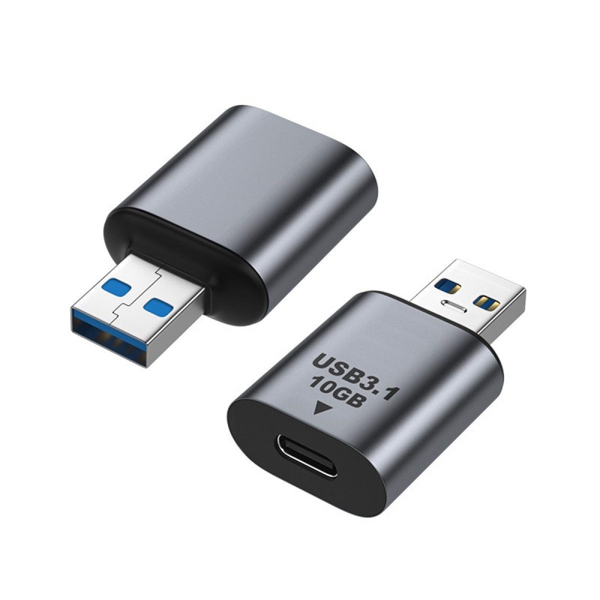 Zwei graue USB-Adapter: einer mit USB-A-Stecker, der andere mit USB-C-Anschluss.