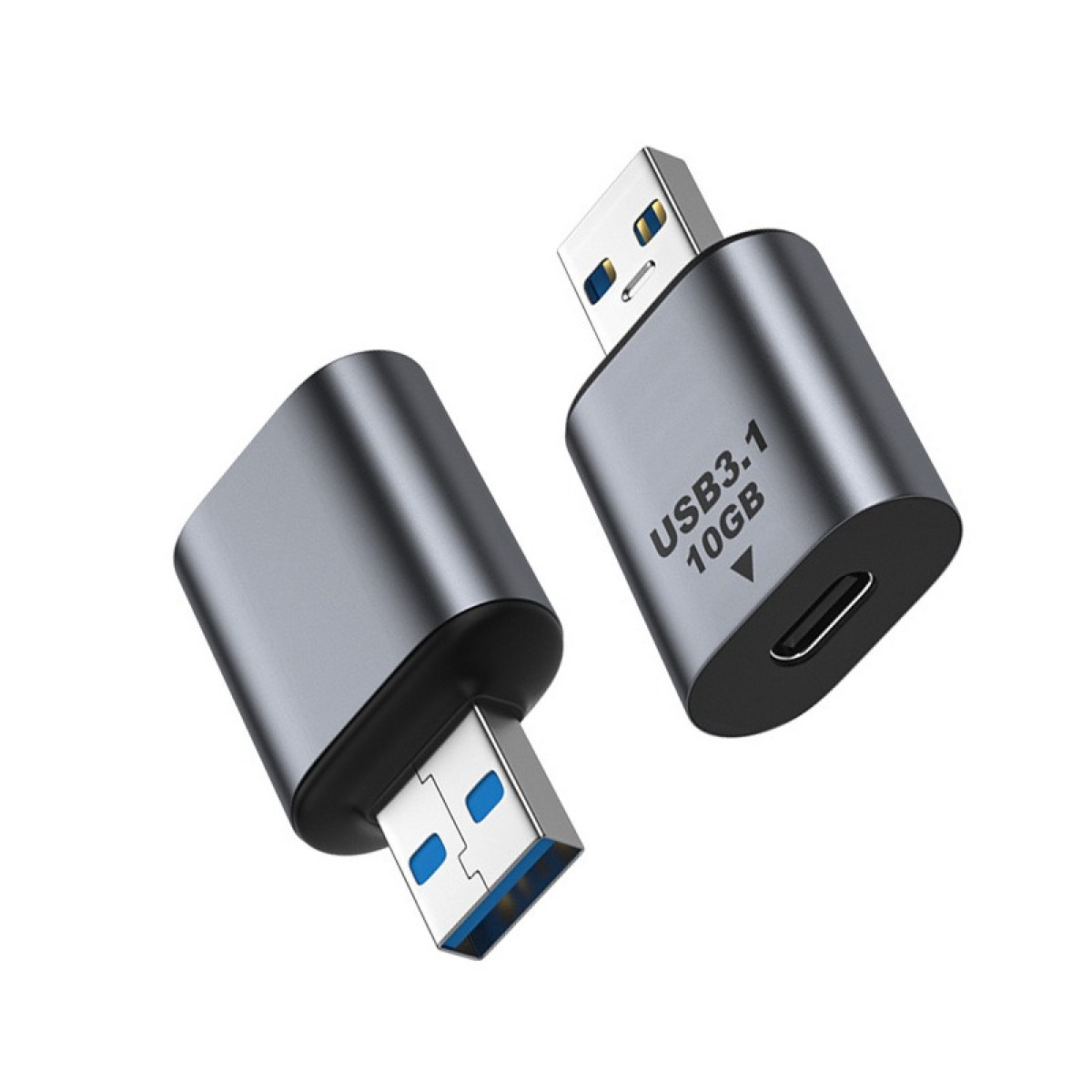 Zwei graue USB-C-Adapter mit USB-A-Stecker und USB-C-Anschluss.