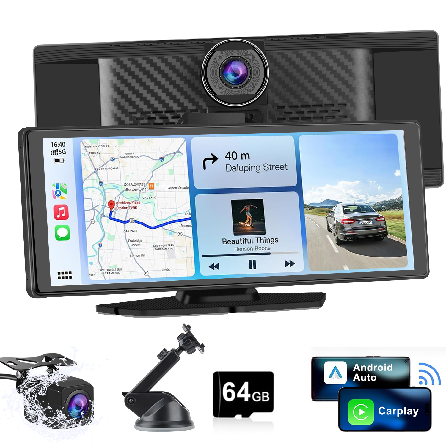 Auto-Navigationsgerät mit Karten-, Musik- und Rückfahrkamera-Anzeige.