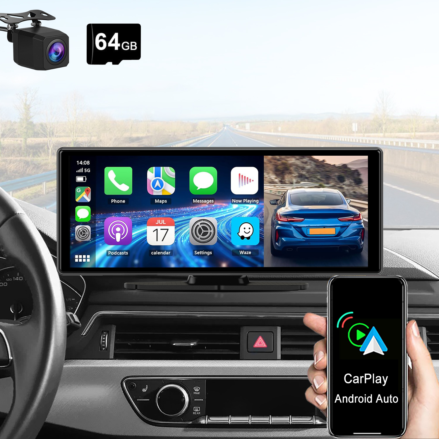 Autoinnenraum mit großem Touchscreen, Rückfahrkamera, 64GB Speicherkarte und Handy.