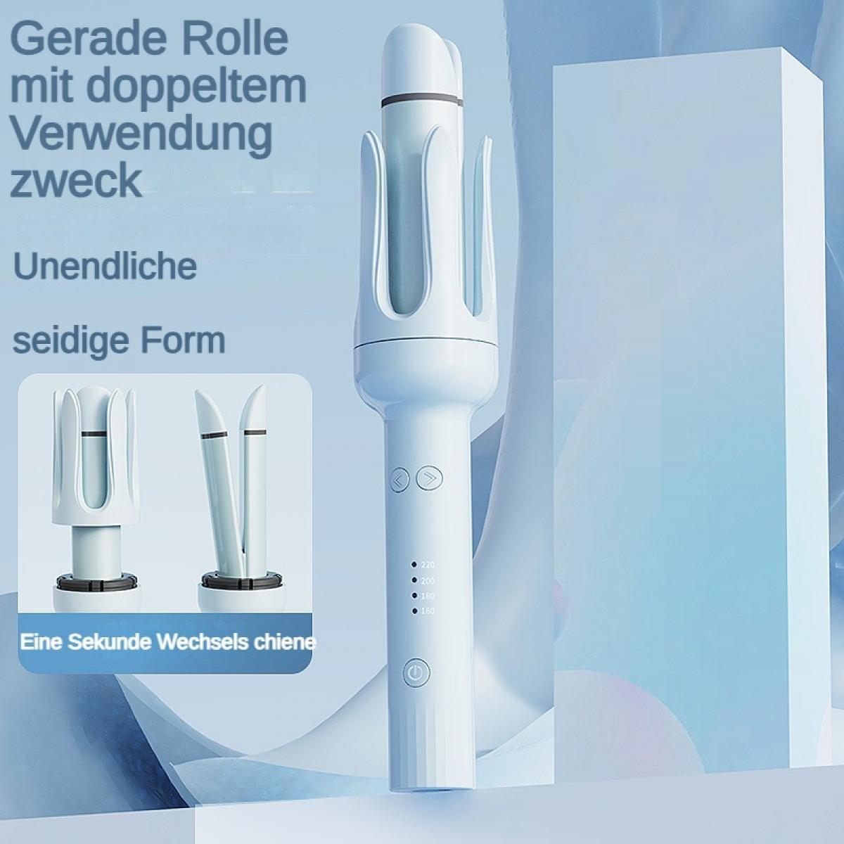 Ein weißer Lockenstab mit verschiedenen Temperatureinstellungen und Aufsätzen.
