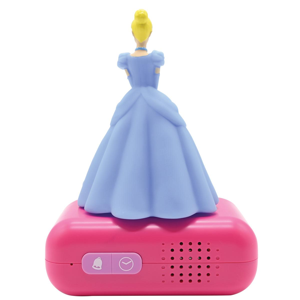 Figura di principessa su una sveglia rosa con pulsanti e fori dell'altoparlante.