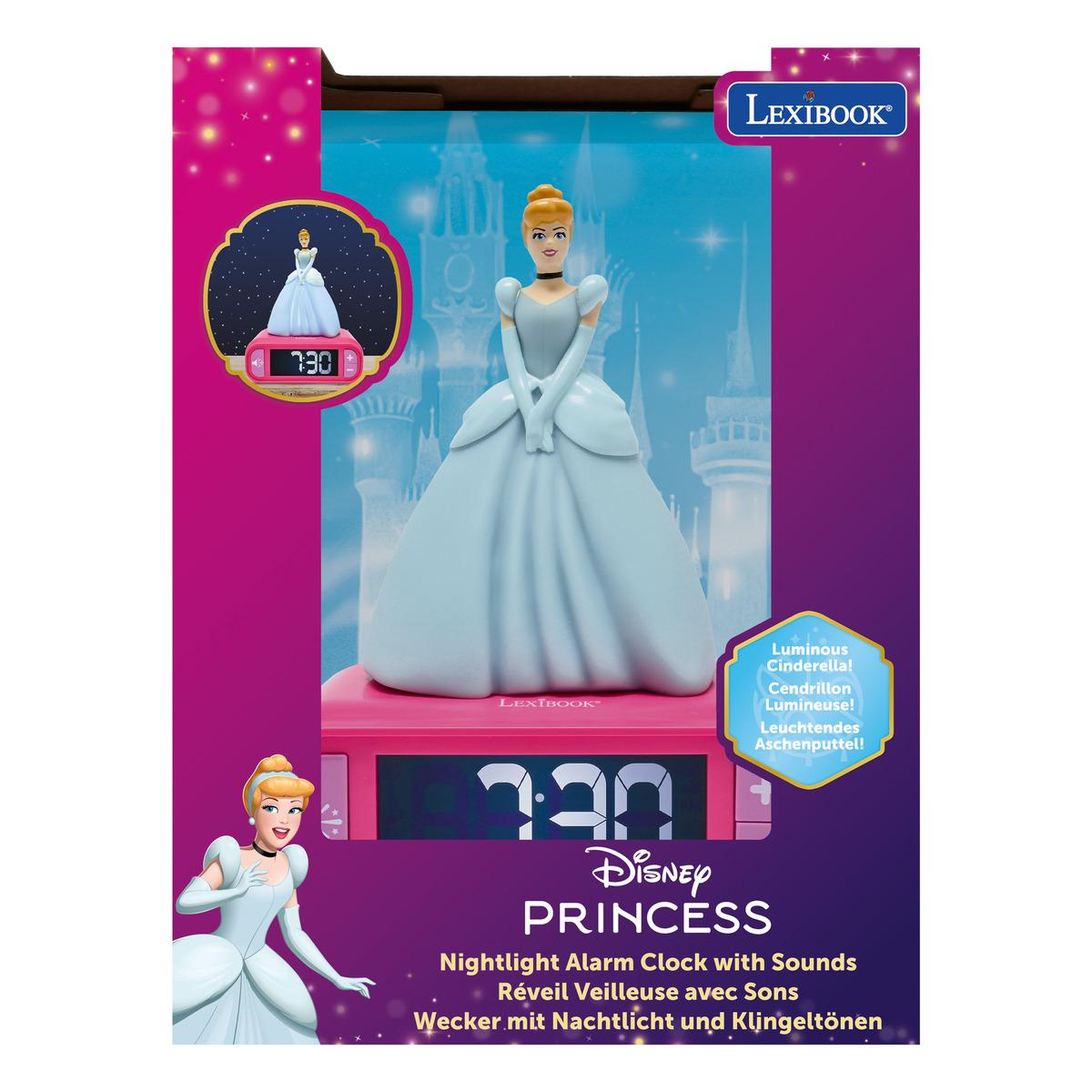 Sveglia luminosa di Cenerentola con figura e orario visibili.