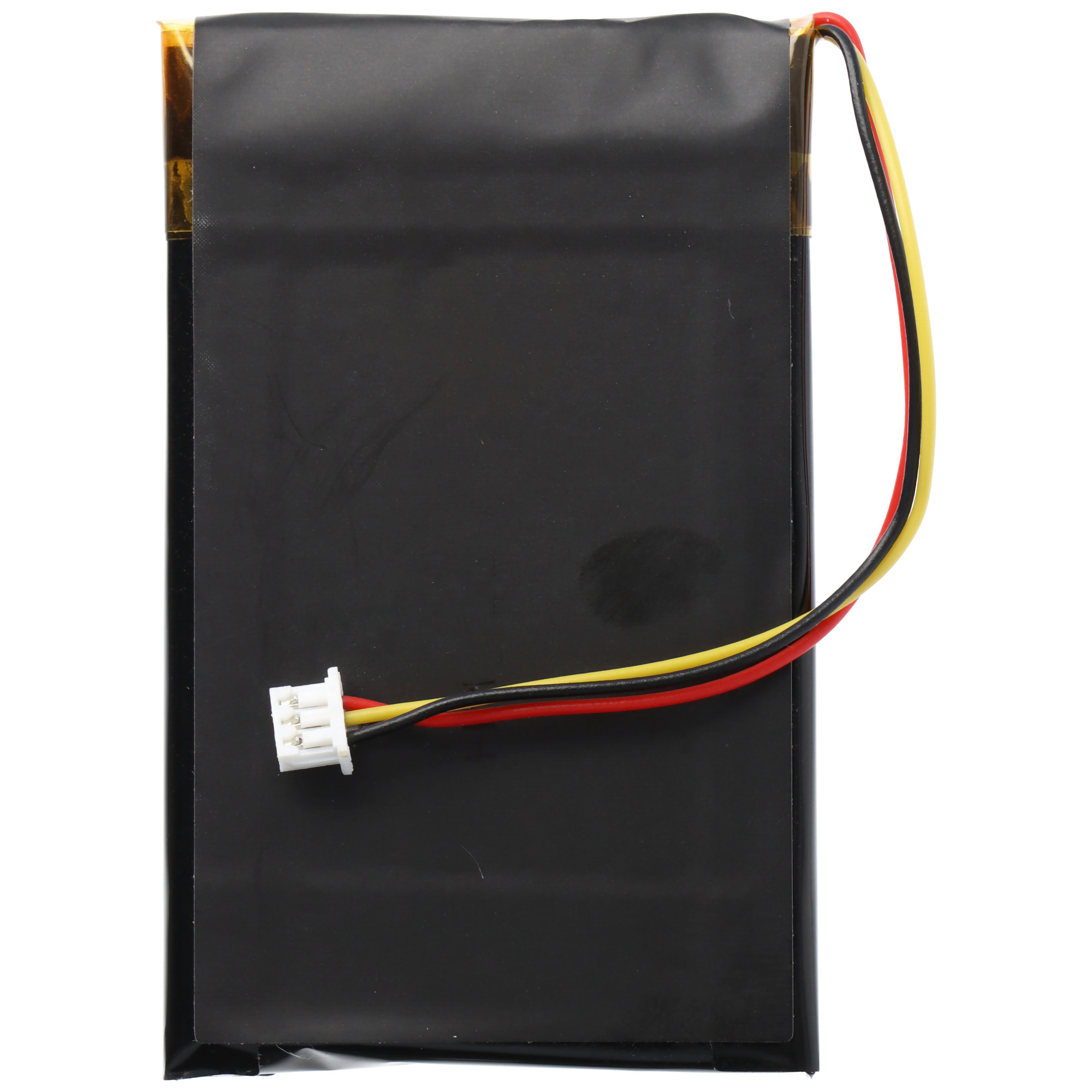 Schwarzer Akku mit rotem, gelbem und schwarzem Kabel und weißem Stecker.