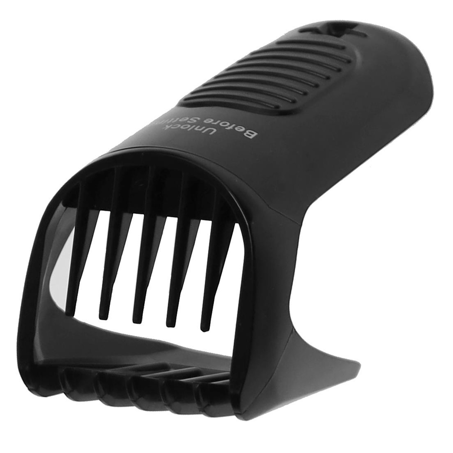 Ein schwarzer Haarschneideaufsatz mit Rillen und Zinken.