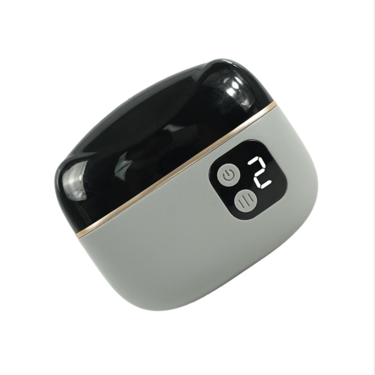 Szare urządzenie z czarną pokrywą i cyfrowym wyświetlaczem '2'.