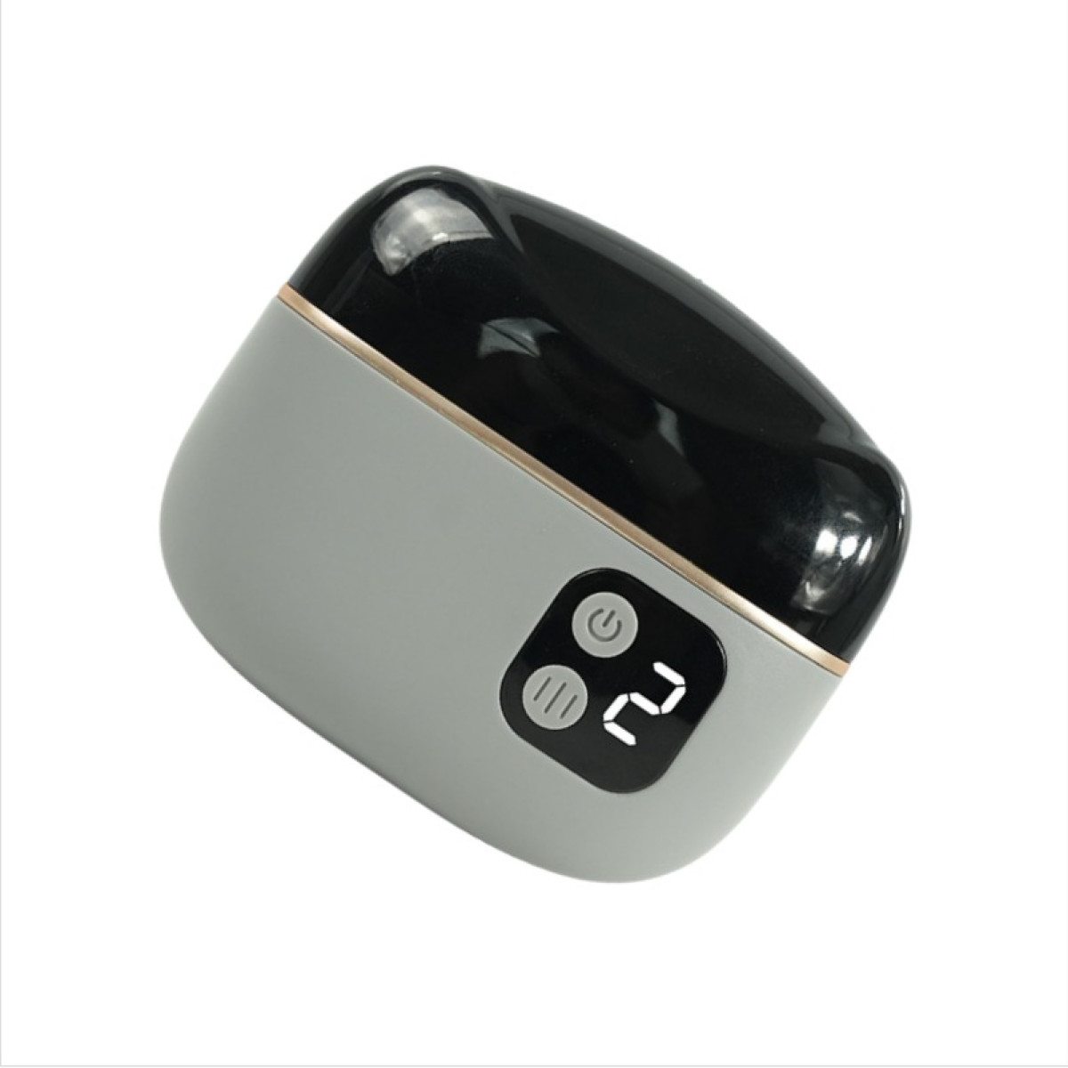 Szare urządzenie z czarną pokrywą, cyfrowymi wyświetlaczami i przyciskami.