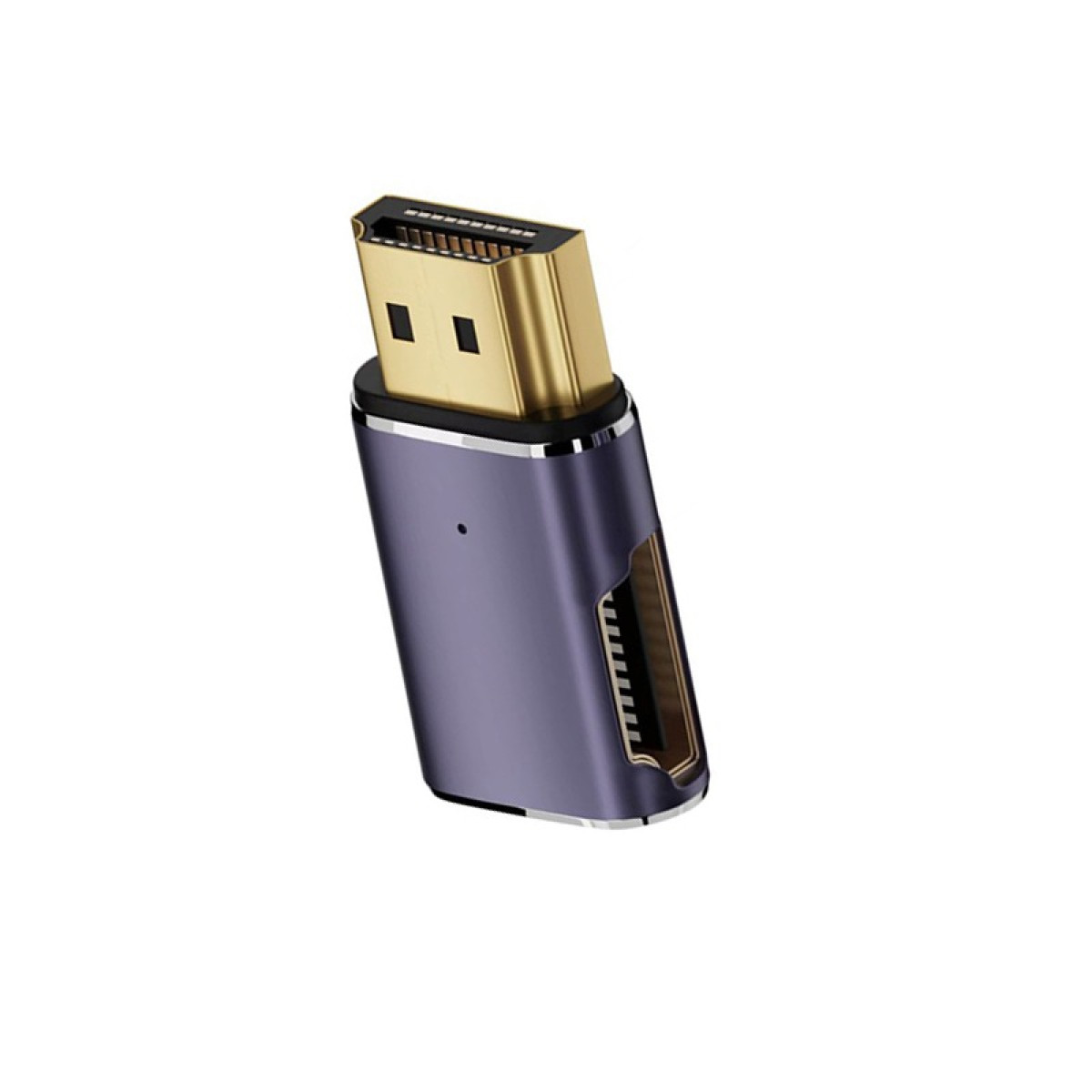 Ein violetter Adapter mit goldenem HDMI-Stecker und sichtbaren Pins.