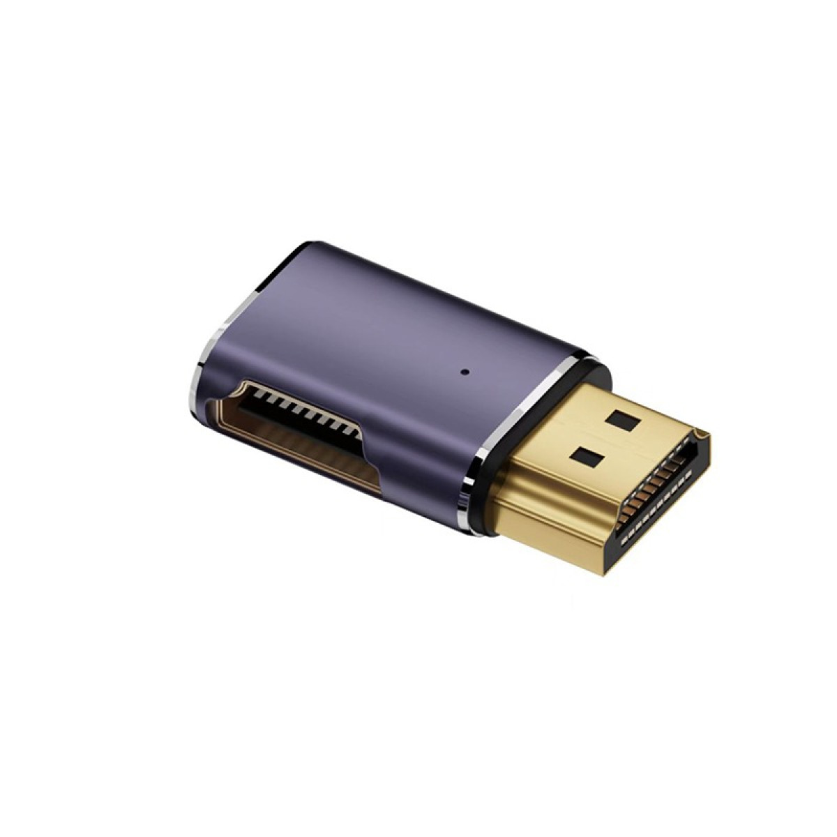 Ein violetter Adapter mit goldenem HDMI-Stecker und silbernen Akzenten.